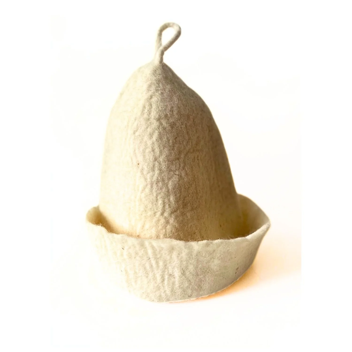Wool sauna hat with a folded brim, showing why custom designs are placed on the upper part of the hat to stay visible