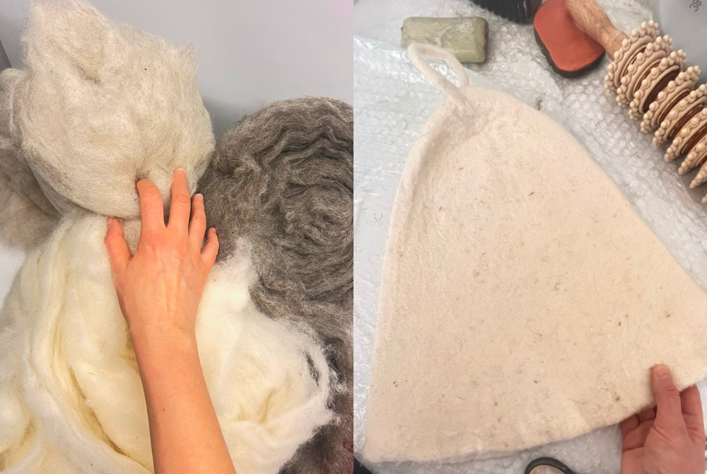 Hand touching organic undyed wool fibers next to a handmade natural wool sauna hat, showing the pure, unprocessed material with visible dried grass — a sign of authentic, chemical-free, traditionally felted wool.