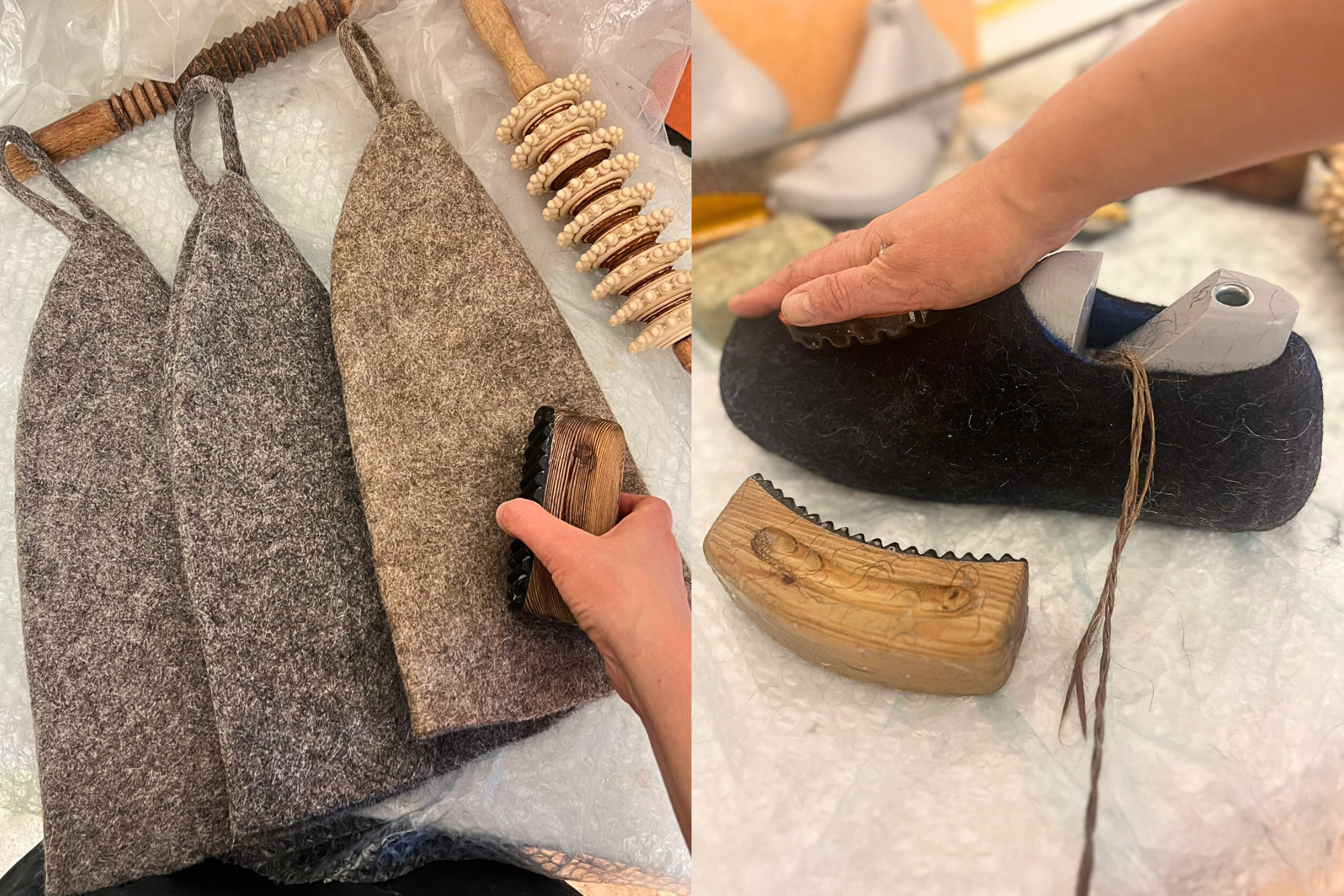 Hand-sculpting seamless wool sauna hats and custom wool slippers using traditional wet felting tools
