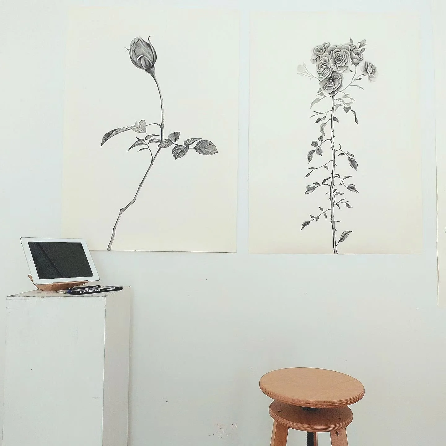 Nearly finished :: Love how simple the set up is for drawing: paper, a few pencils, an eraser, smudge stick, sharpener, and a reference image ✔️