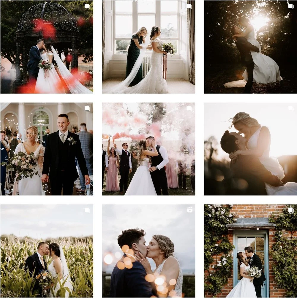Collage of nine wedding photos featuring couples during their wedding ceremonies and celebrations. Scenes include outdoor and indoor settings, with couples kissing, embracing, and walking together, decorated venues, and guests celebrating.