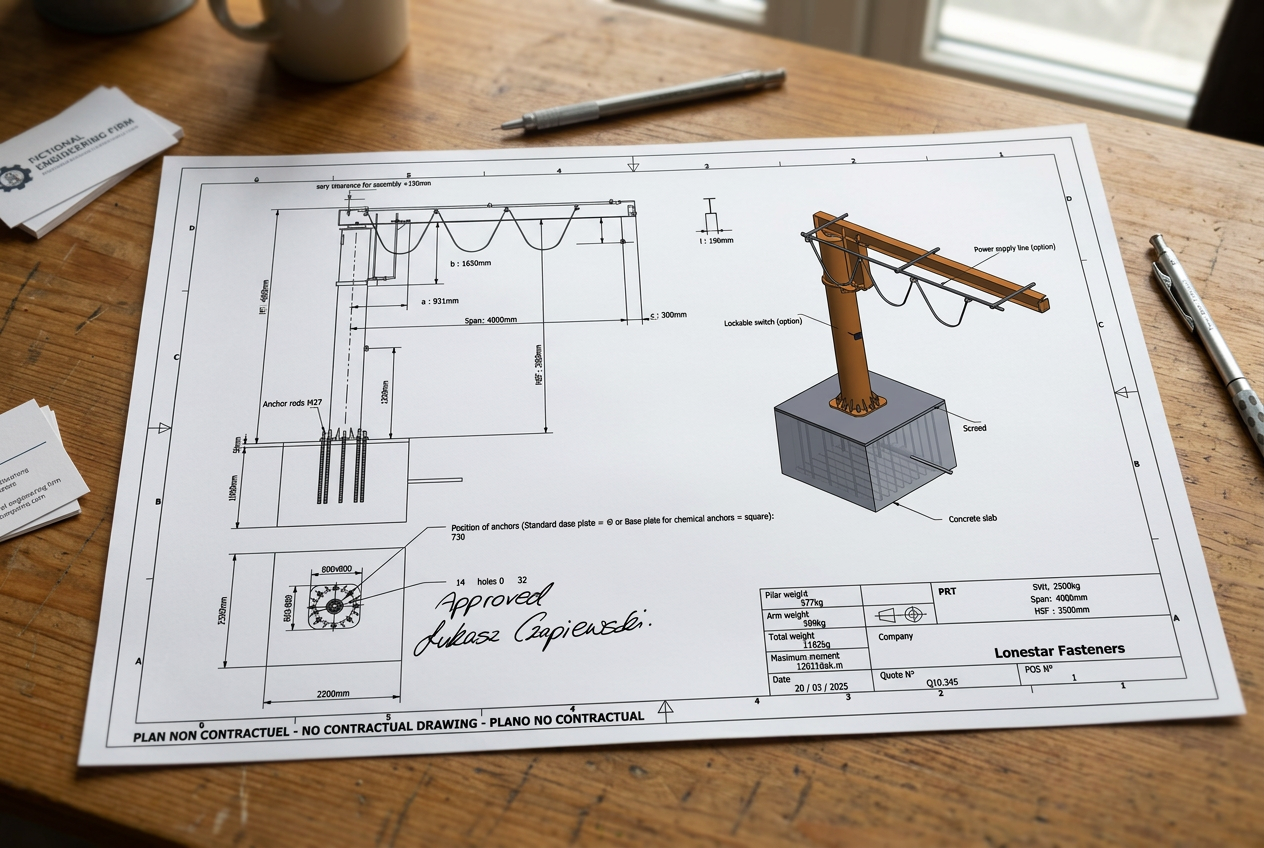 Engineering blueprint of a crane with a digital isometric illustration, on a wooden table with pens and papers.