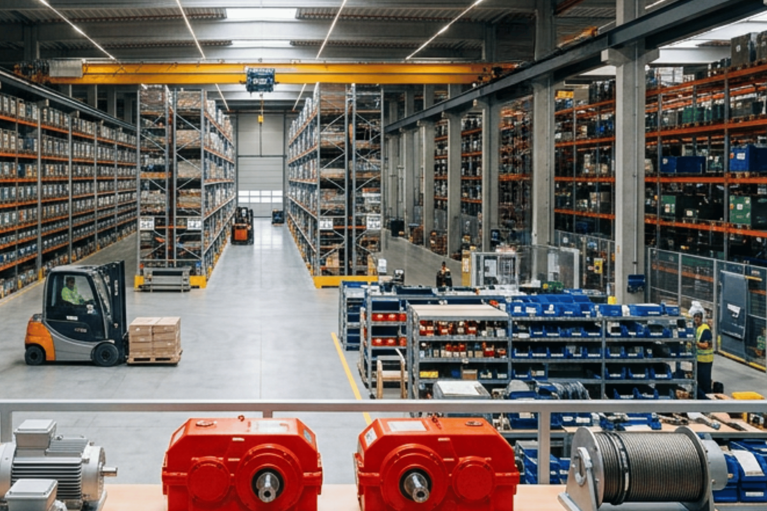 Inside a large warehouse with high ceilings, metal shelving containing boxes and products, a forklift man operating, and workers managing stock.