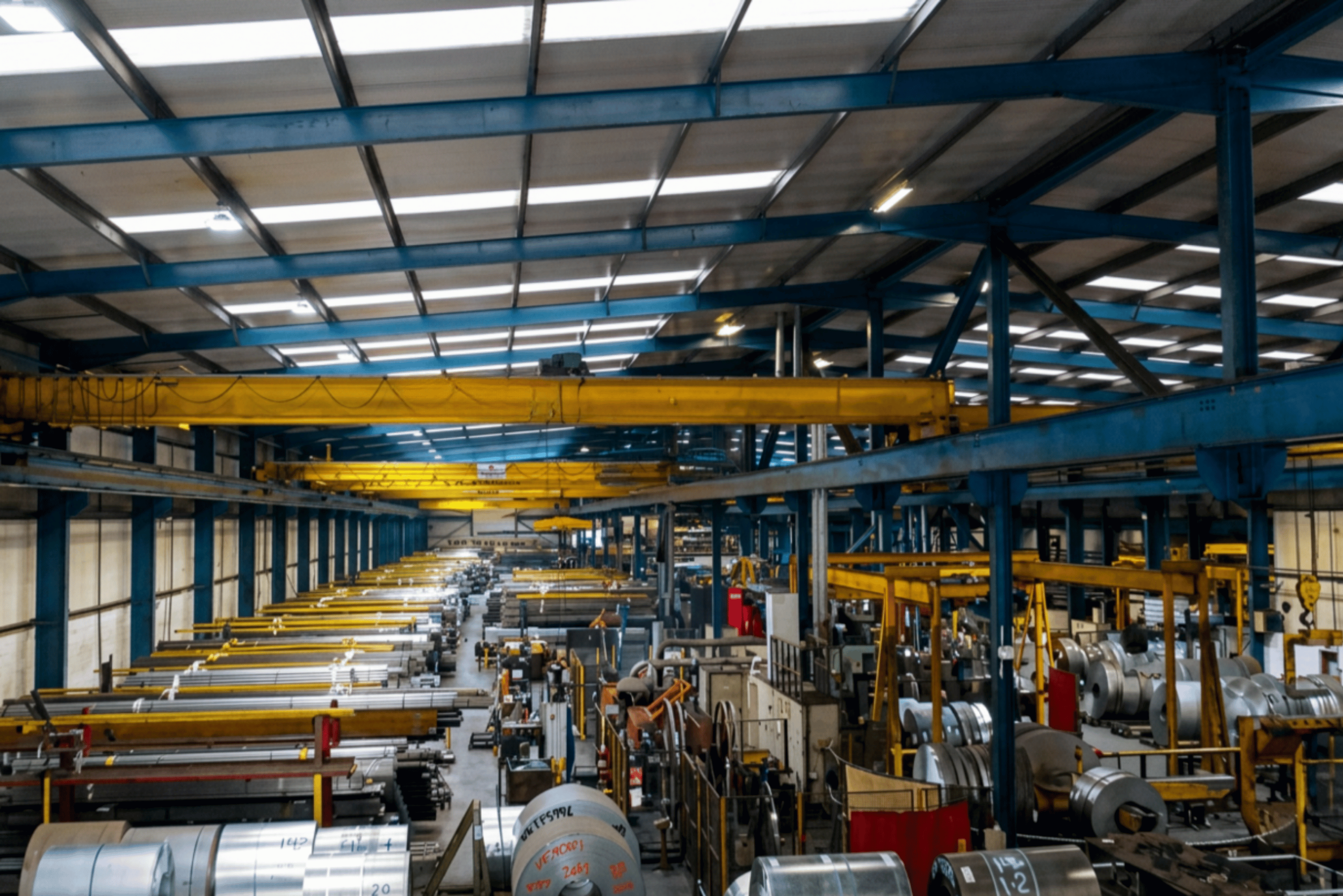 Inside a large industrial warehouse with blue metal beams, yellow overhead cranes, and organized rows of cylindrical metal pipes and equipment.