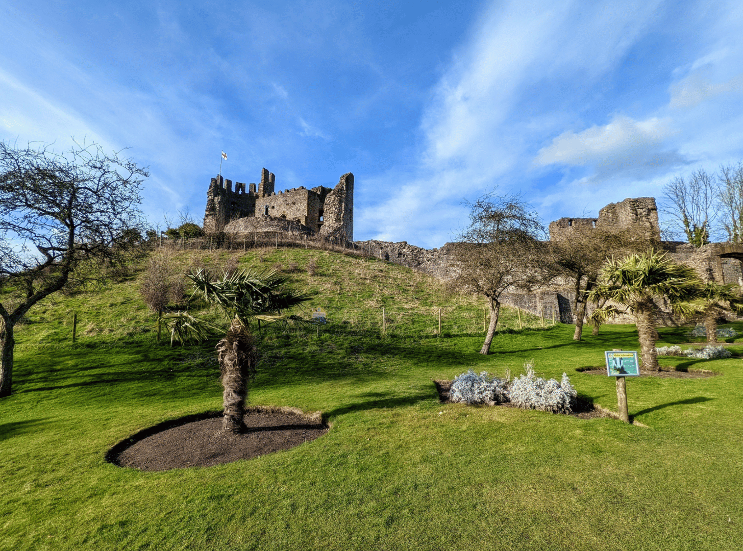 A castle on top of a grassy hill with leafless and palm trees, under a partly cloudy blue sky.