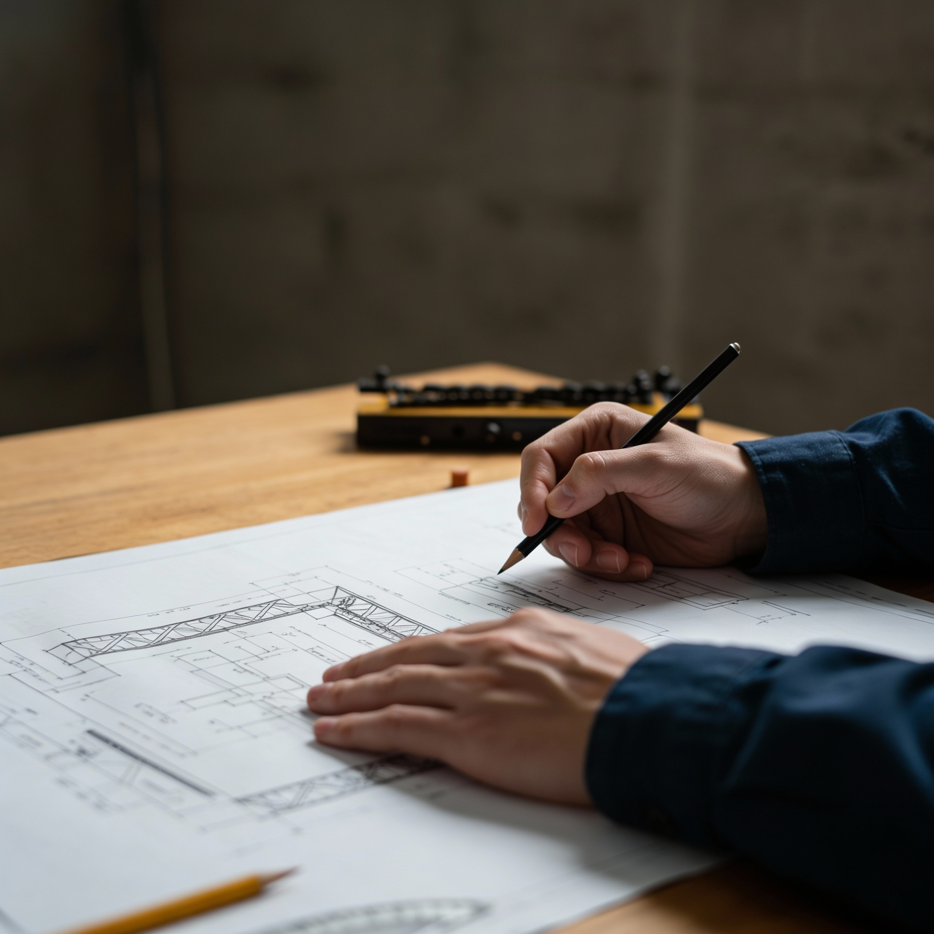 Hands of an architect working on detailed building blueprints on a wooden table.