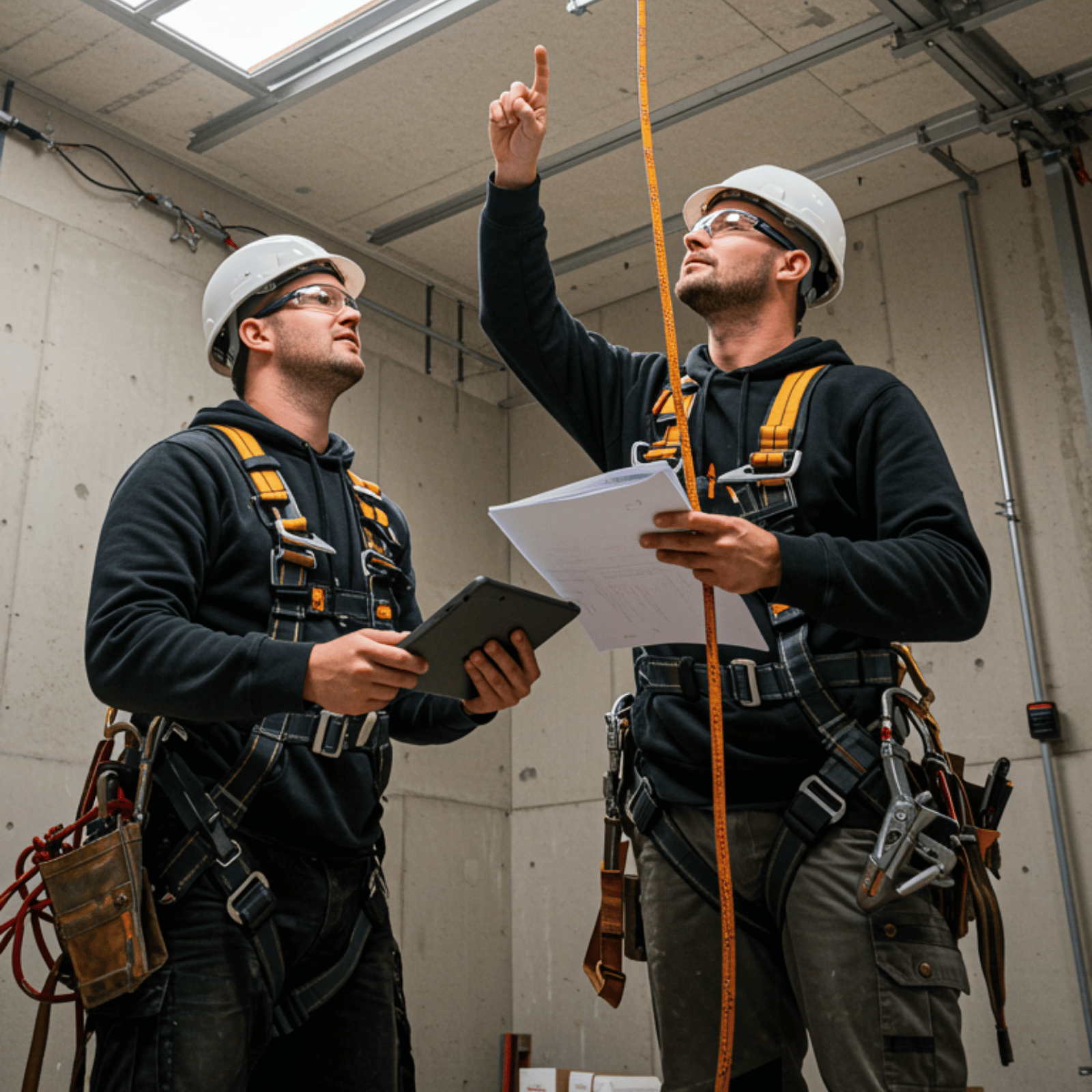 Two construction workers wearing safety helmets and harnesses, looking at each other inside a building under construction. One is pointing upwards while the other holds a tablet and papers.
