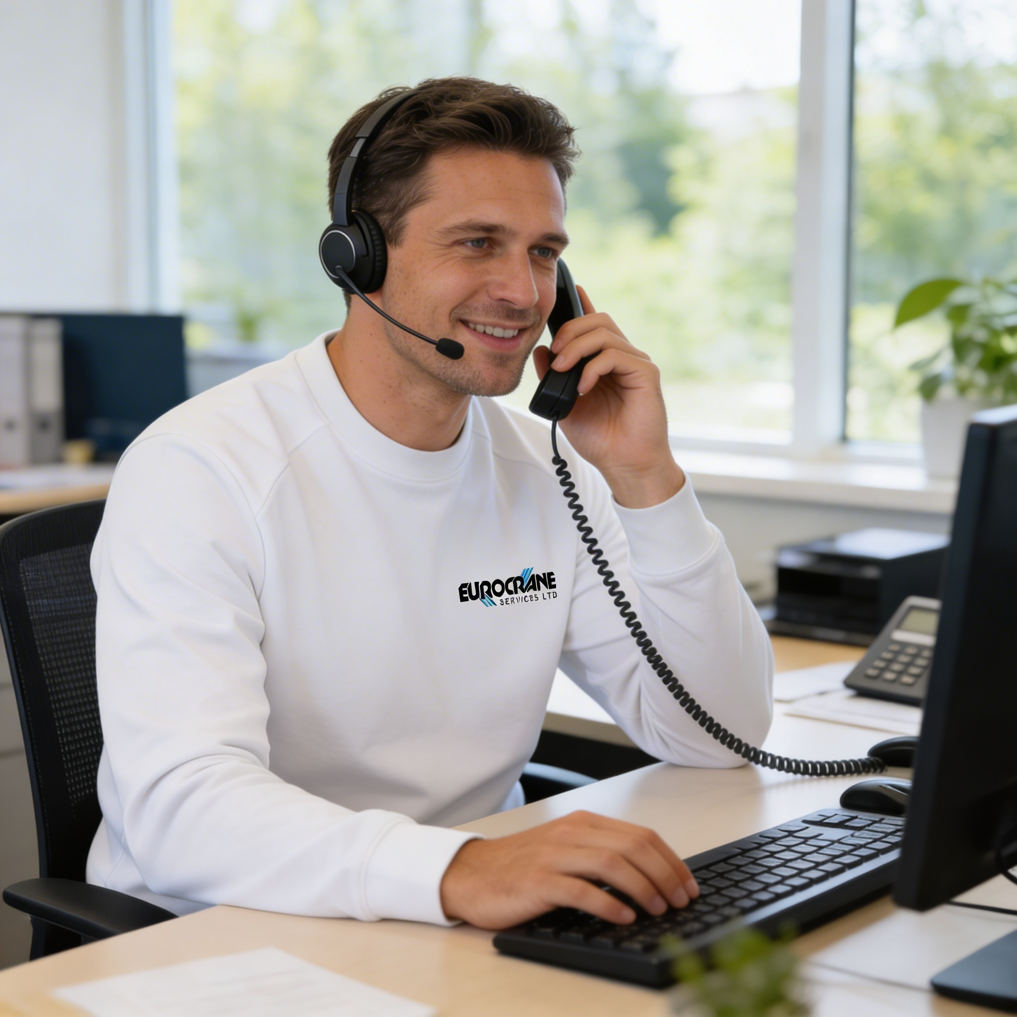A smiling man wearing a white long-sleeve shirt with 'Eurocrane Services Ltd' logo, headset, and sitting at a desk using a desktop computer in an office with large windows and green trees outside.
