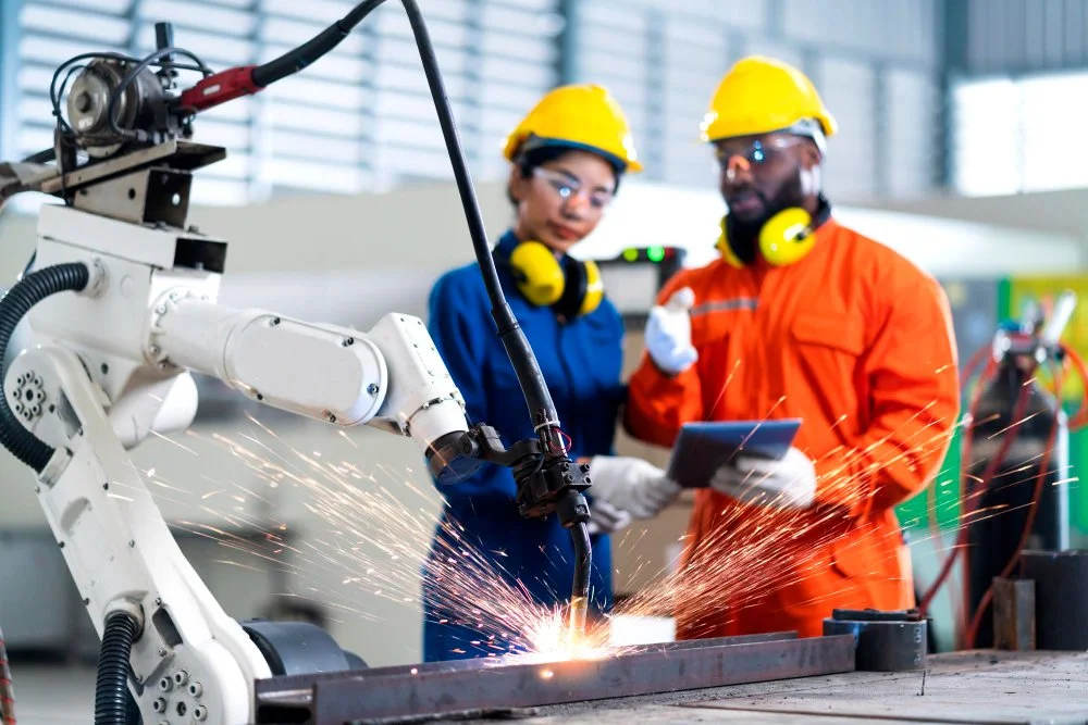 Two workers wearing safety gear, including helmets and ear protection, operating a robotic welding arm that is producing sparks in a manufacturing facility.