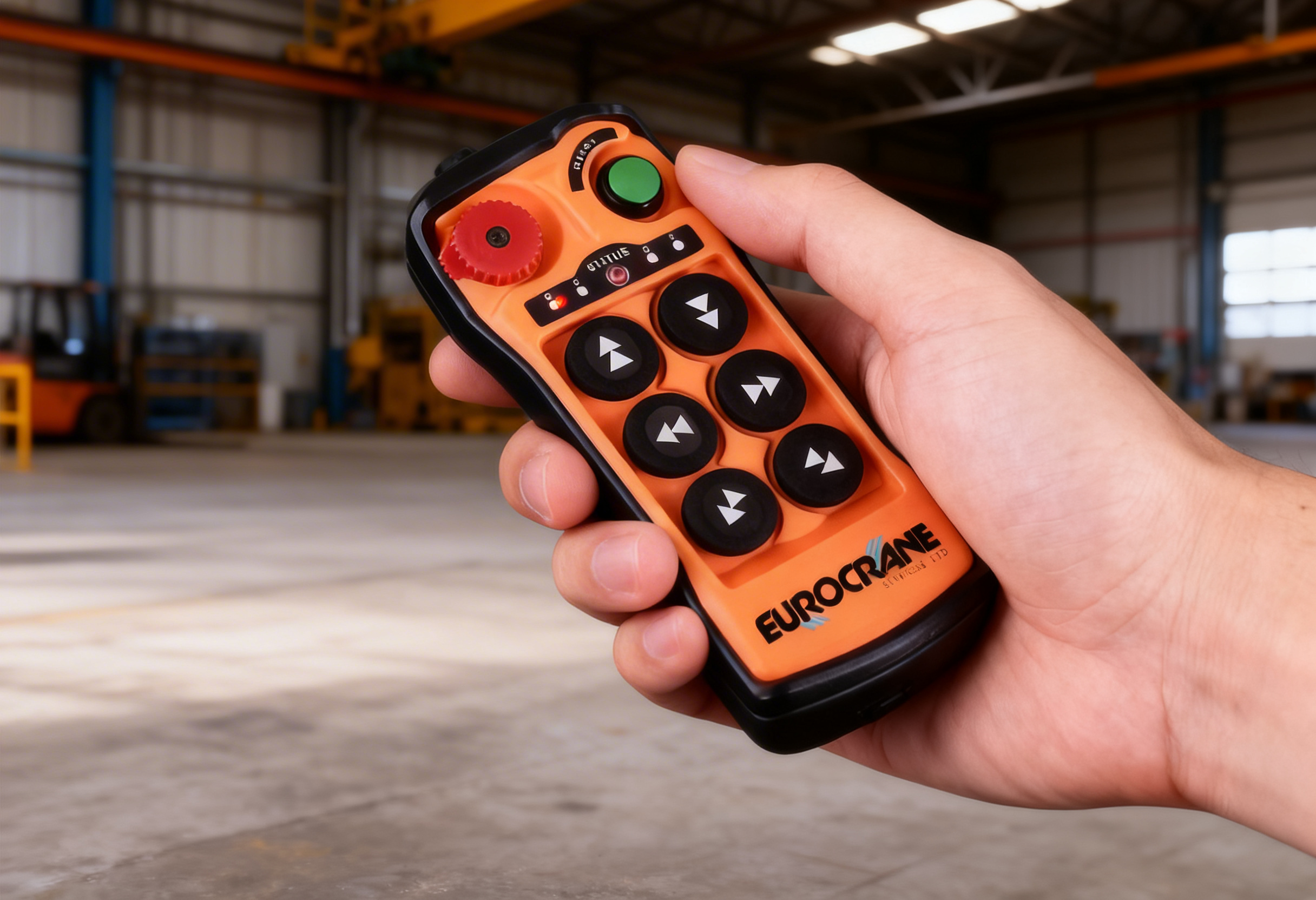 A hand holding a remote control with orange and black buttons, inside an industrial warehouse with metal shelves and machinery.
