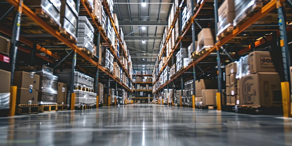 A view of warehouse shelves stocked with boxes and pallets, taken from the floor level looking down an aisle.