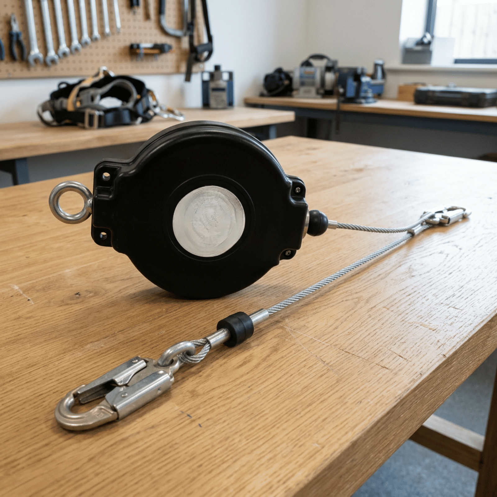 A safety lanyard with a carabiner clip and a recoil self-retracting safety tool resting on a wooden workbench in a workshop.