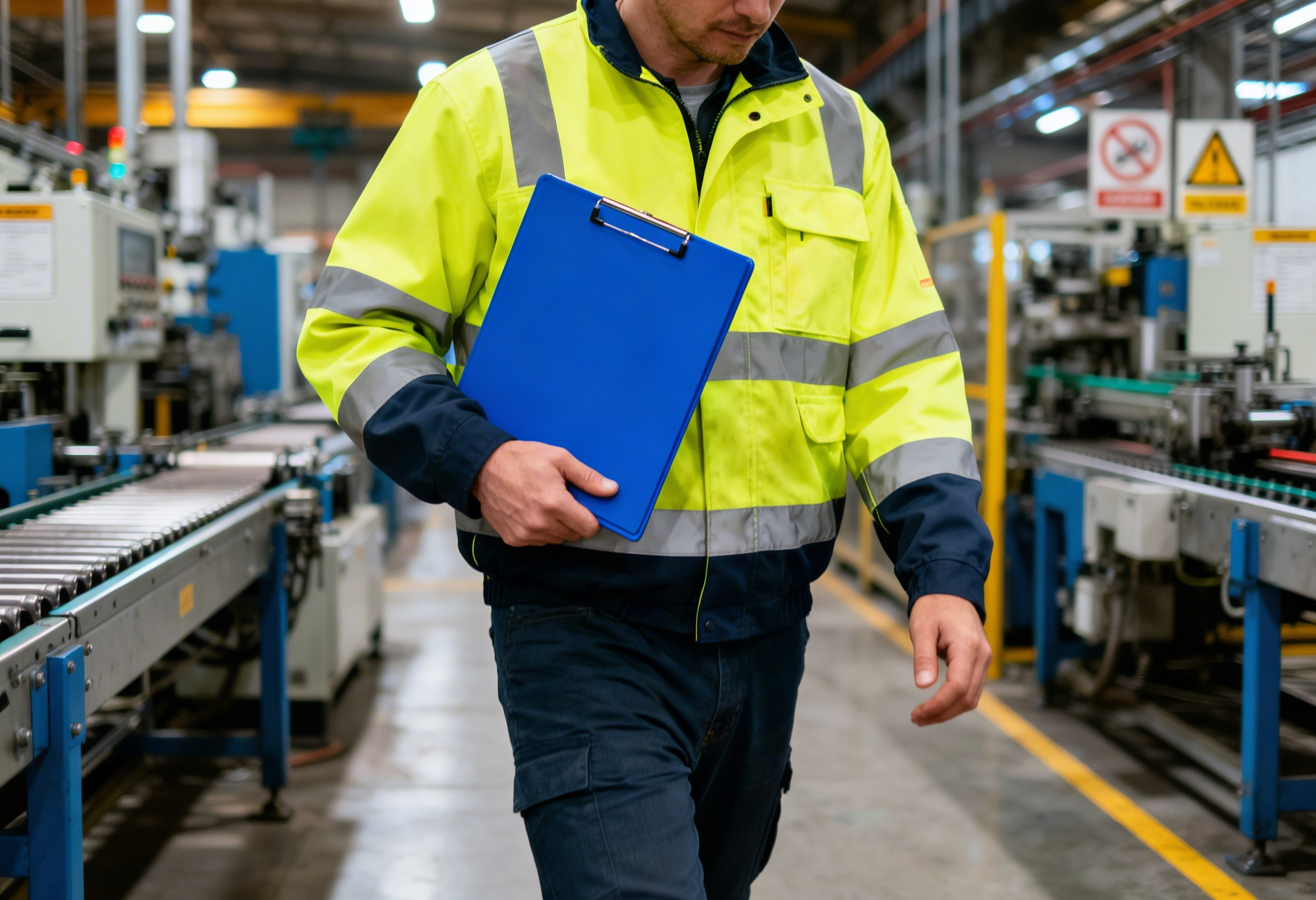 Worker in high-visibility safety jacket holding a blue clipboard inspecting machinery in an industrial facility.