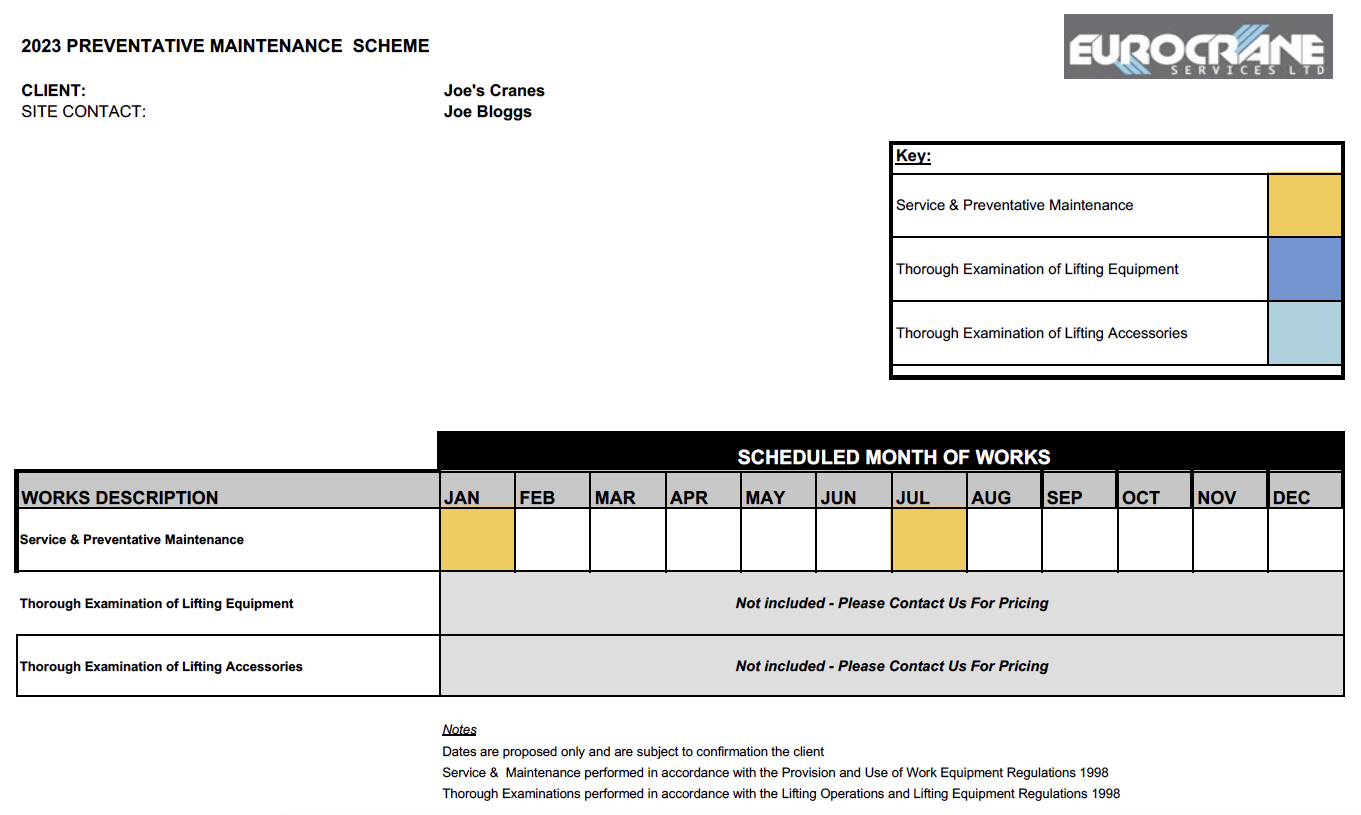 A maintenance schedule document titled '2023 Preventative Maintenance Scheme' from Eurocran Services Ltd, with client Joe's Cranes, site contact Joe Bloggs, featuring a key for service, lifting equipment, and accessories. The schedule details planned maintenance work for January and July, with notes on inspection and pricing.