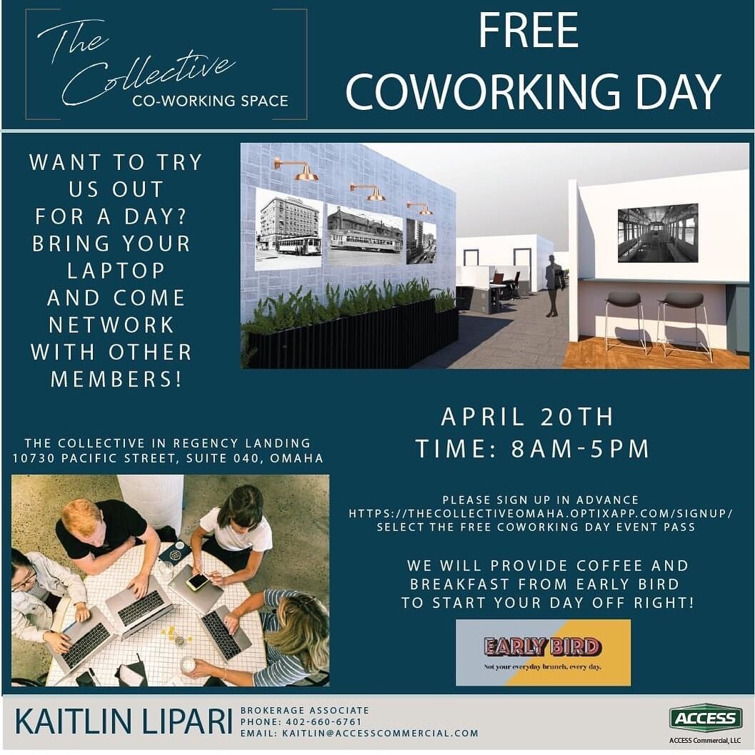 ⭐️FREE COWORKING DAY EVENT⭐️
April 20th 8am-5pm 
Bring your laptop and come network with other members! 
We will provide coffee and breakfast from Early Bird 🐣 to start your day off right! 

Please sign up in advance 
thecollectiveomaha.com.optixapp