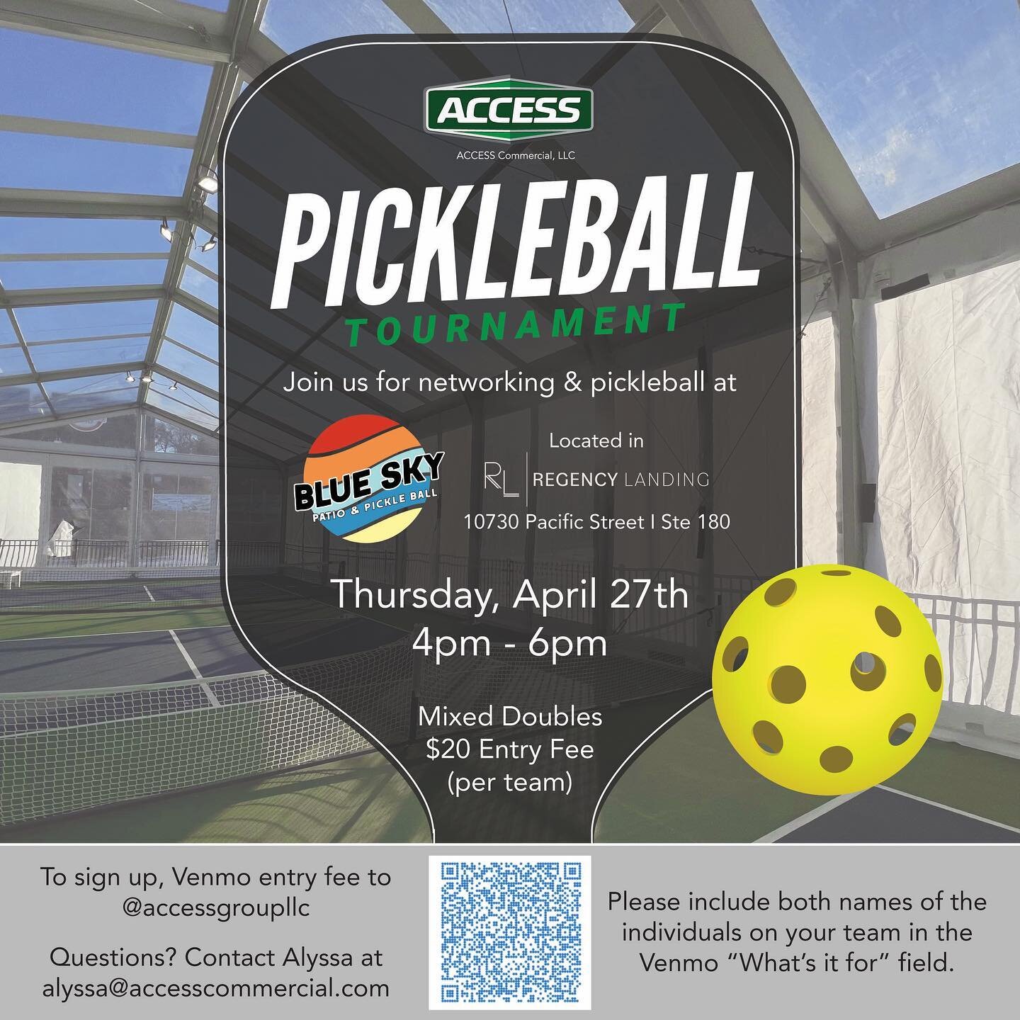 ACCESS Commercial is hosting an awesome networking event TOMORROW at Blue Sky Patio &amp; Pickleball. Open to Brokers, Commercial Real Estate Professionals, or anyone that wants to network with other Omaha Professionals. Sign up for the pickleball to