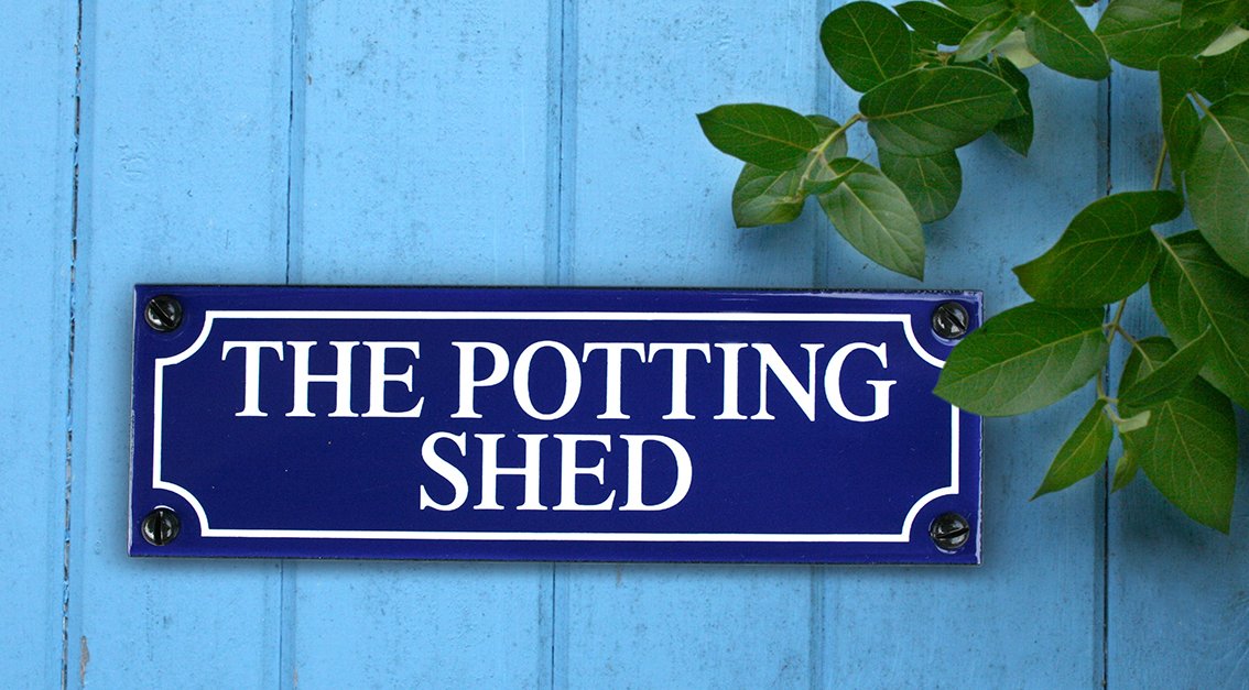 THE POTTING SHED Blue and white enamel signs