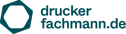 Logo von druckerfachmann.de mit einem schwarzen Hexagon und blauer Schrift.