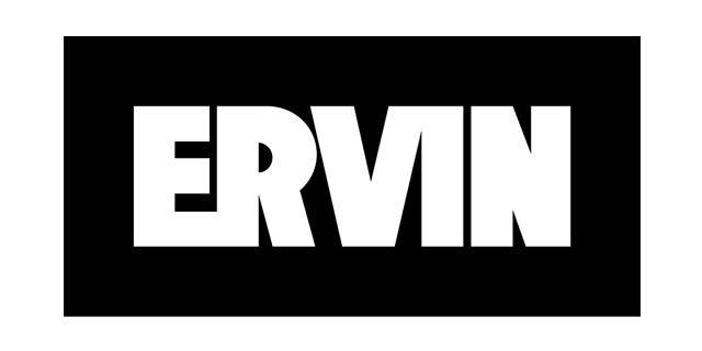 Der Schriftzug 'ERVIN' in großen weißen Buchstaben auf schwarzem Hintergrund.