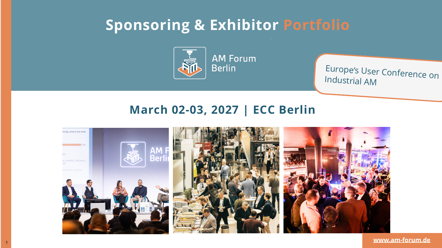 Digital event poster for the AM Forum Berlin, March 2–3, 2027, featuring three photos from the conference, the audience, and the networking event.