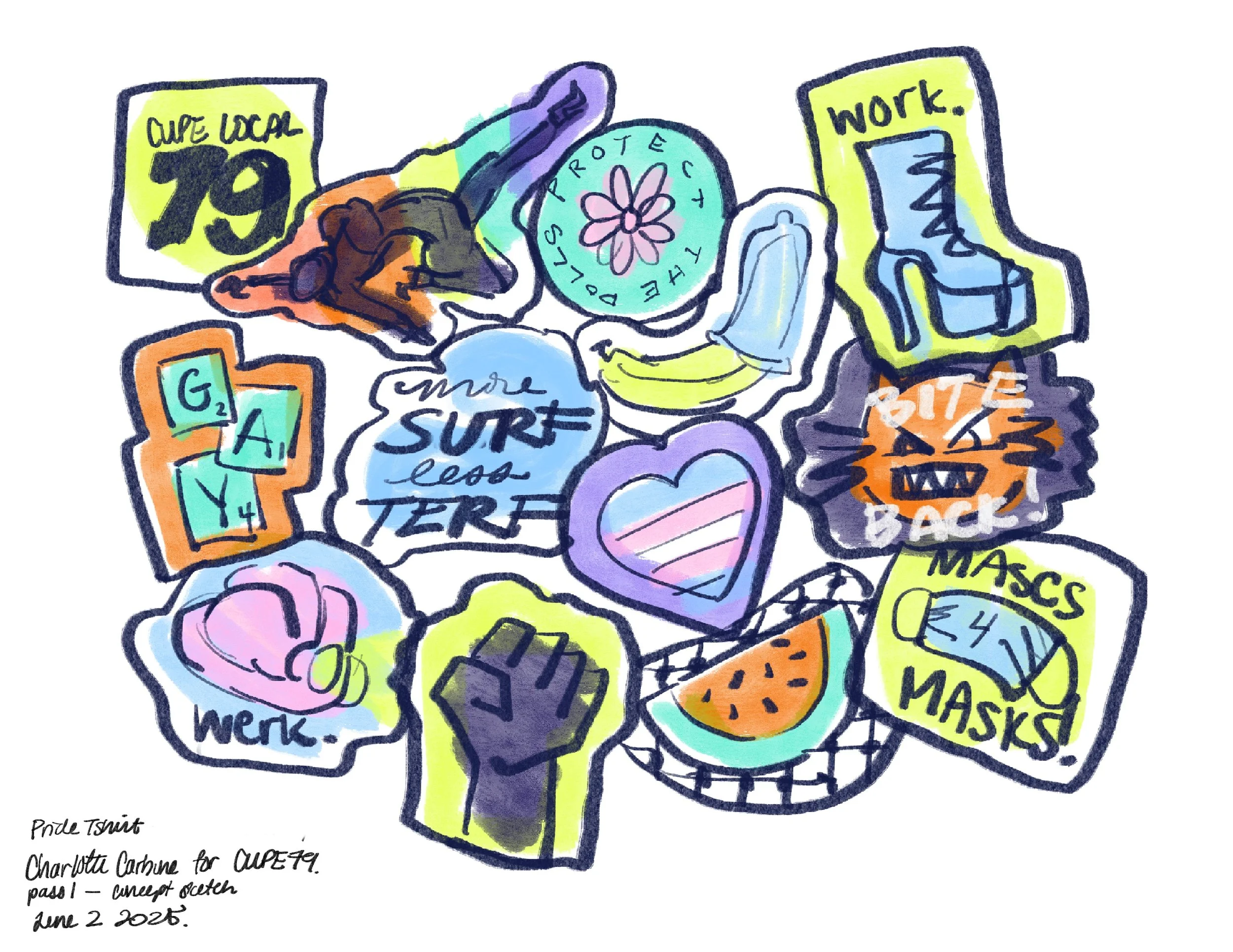CUPE79 Pride Tshirt - concept sketch