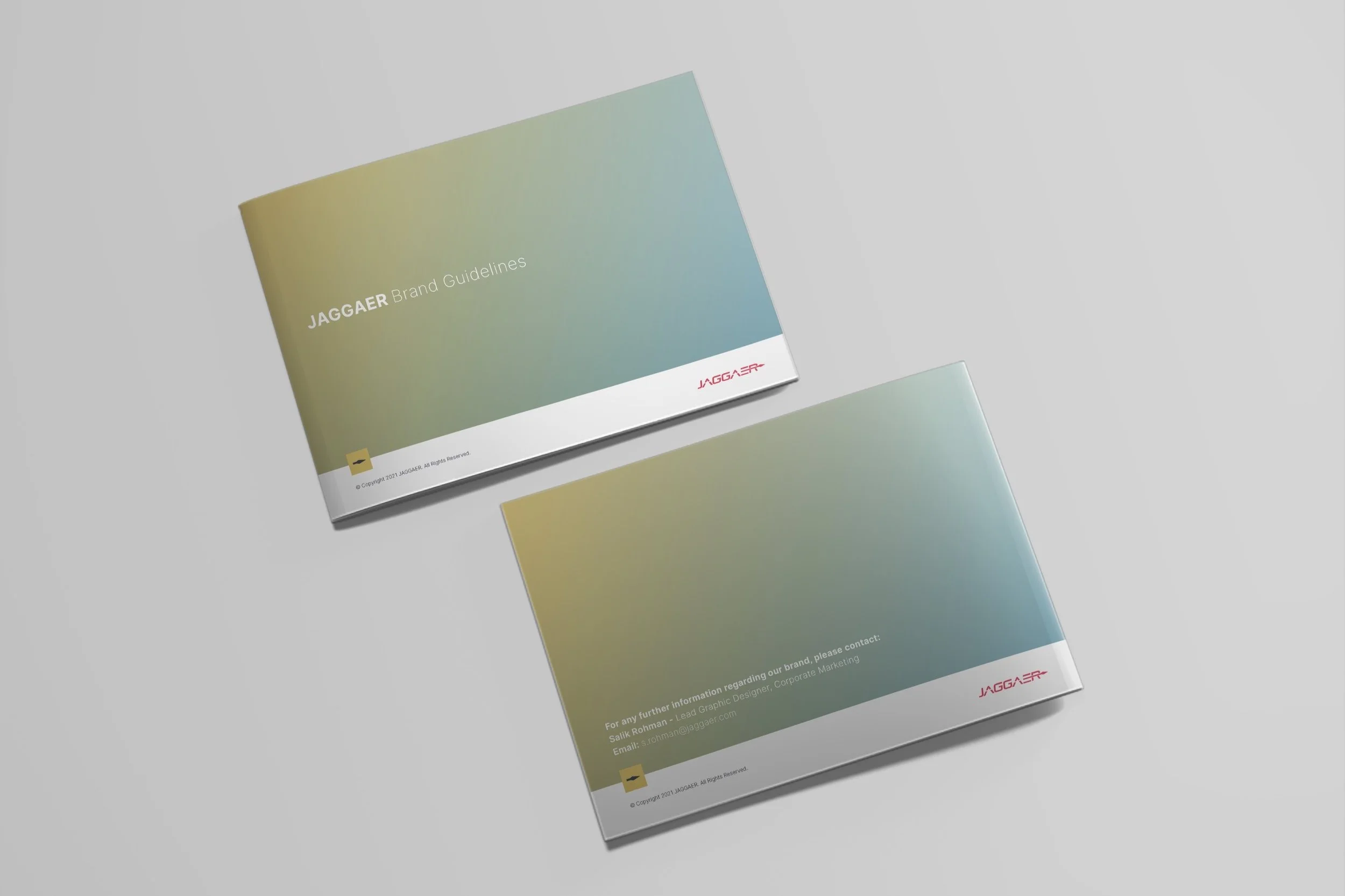 Two JAGGAER brand guidelines booklets on a light background.