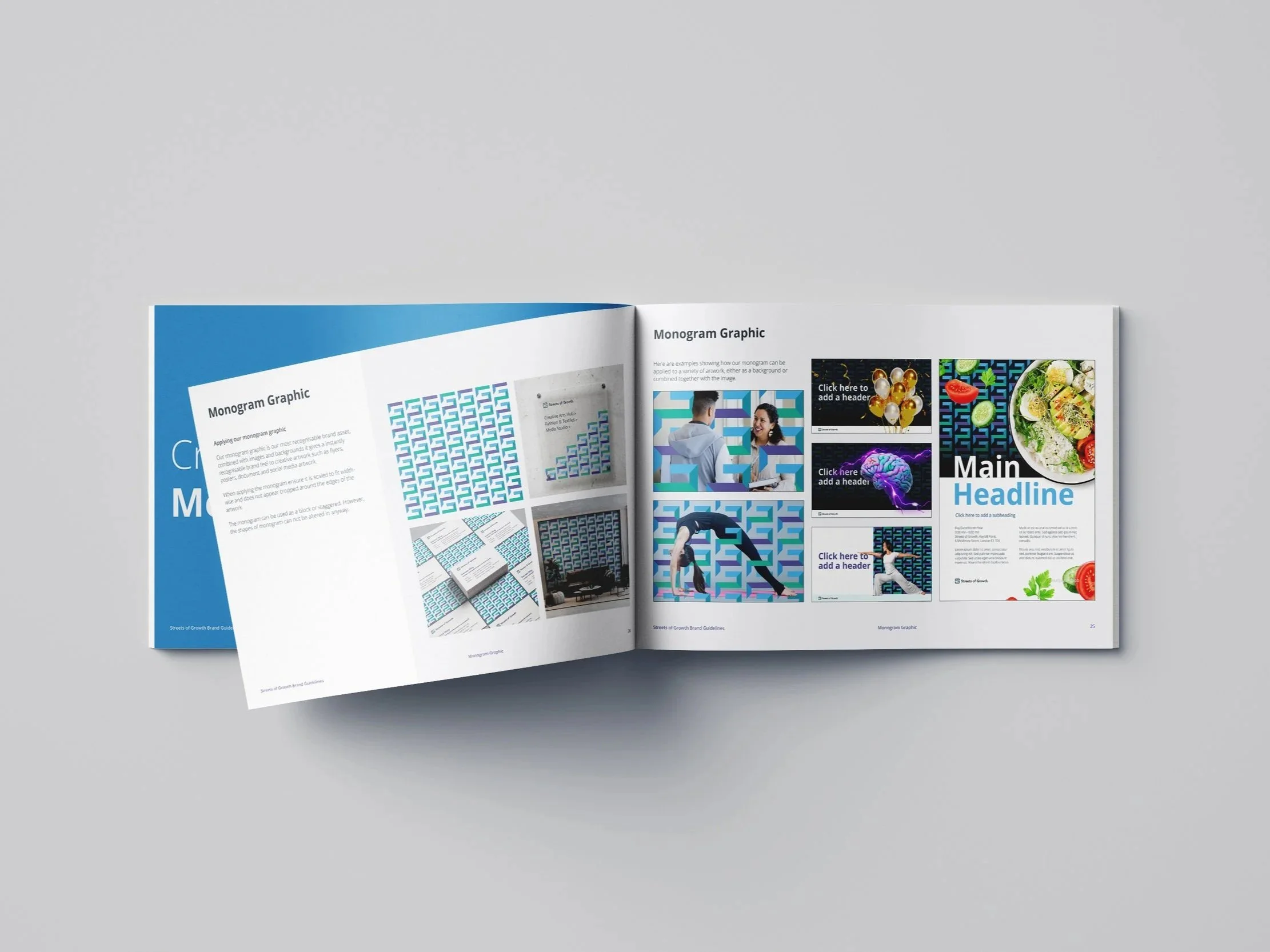 Open magazine with pages showing monogram graphics, colorful patterns, a person performing a dance move, and a food dish with vegetables and herbs, on a light gray background.