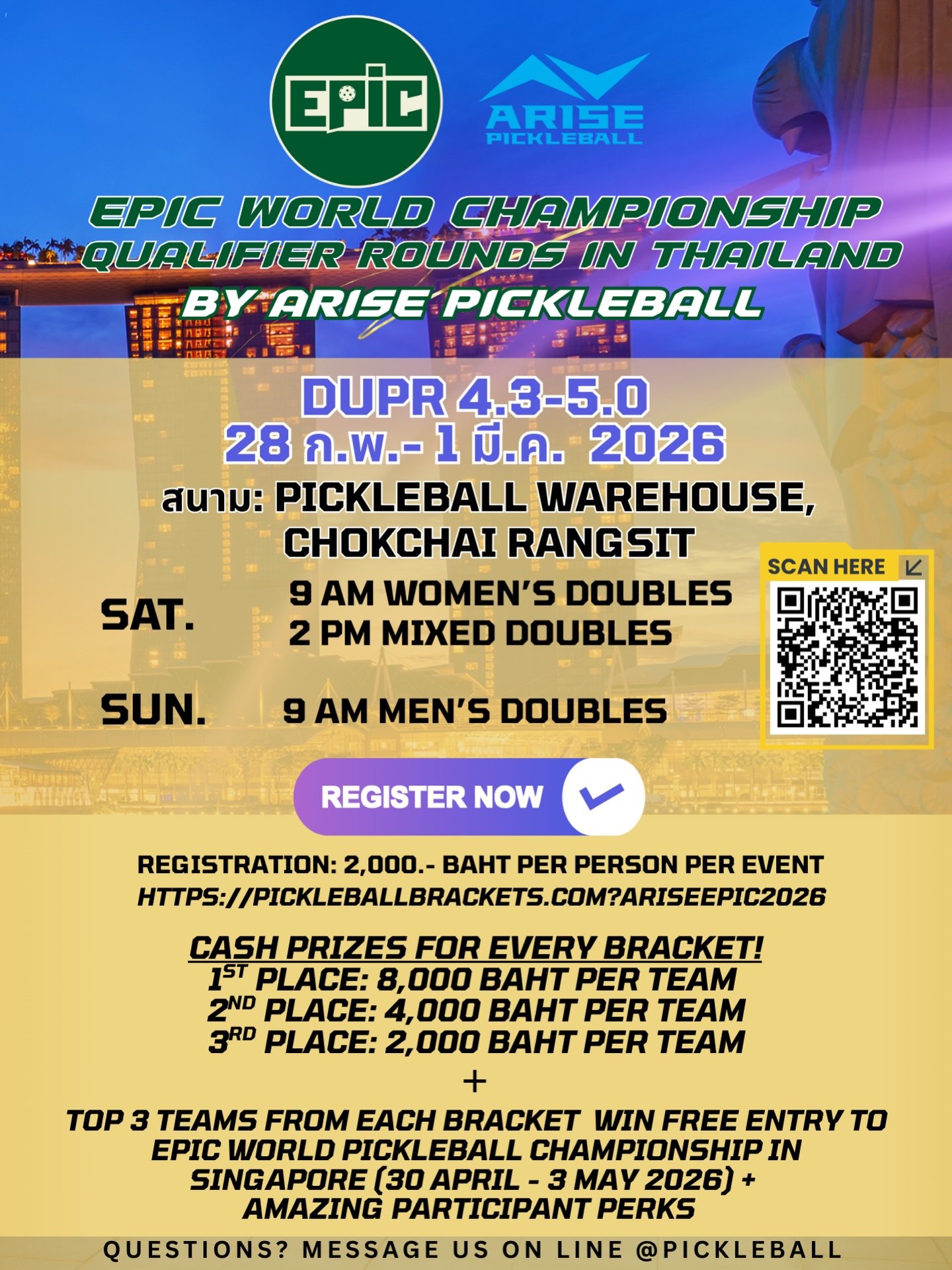📣NEW Venue and dates for 4.3-5.0 EPIC Qualifier Rounds! 📣
The Women&rsquo;s Doubles, Mixed and Men&rsquo;s Doubles 4.3-5.0 Qualifier Rounds will be now held at Pickleball Warehouse Rangsit (next to Chokchai Steakhouse Rangsit) from February 28 - Ma
