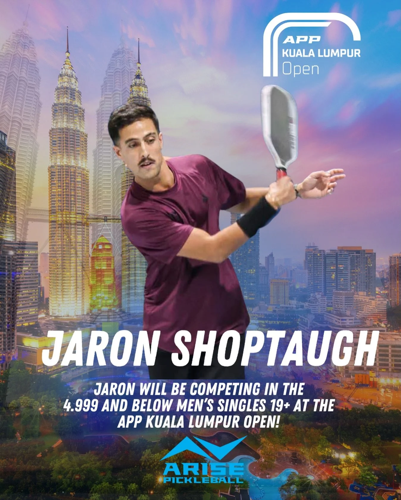 Arise is super proud to send Jaron Shoptaugh to compete in the the 4.999 and below Men&rsquo;s Singles at the APP KL! We believe in you, Jaron!

#arisepickleball #appkualumpur #APPTour #pickleballthailand #AriseAthletes