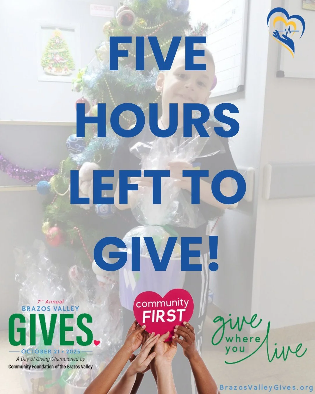 There's still time to donate! Brazos Valley Gives is open until 11 p.m. tonight. Will you donate $15 to provide a Christmas gift to a ch#givewhereyoulive 

Give a gift today: https://www.brazosvalleygives.org/organization/achf

#ACHFSavingLives #Braz