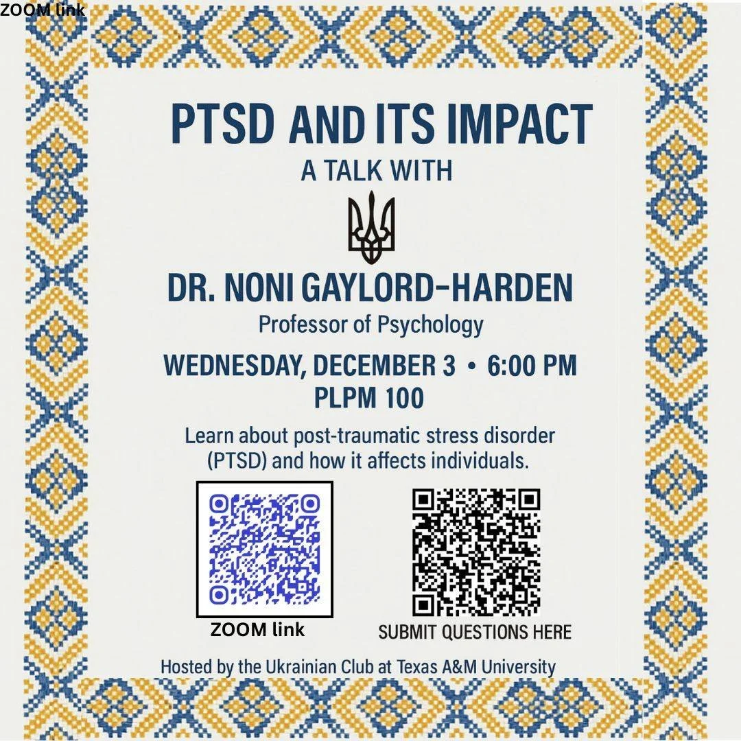 Join us tonight at 6 p.m. in  PLPM Room 100 for an evening of understanding, reflection and healing through a special talk by Dr. Noni Gaylord-Harden, Professor of Psychology.

Hosted by @uaclub.tamu, this event will focus on post-traumatic stress di