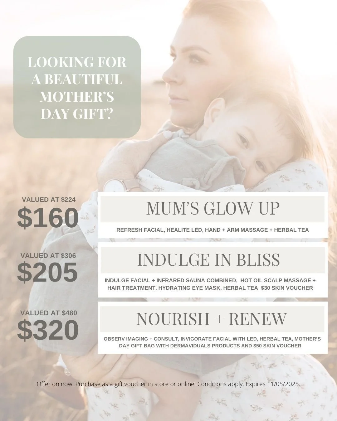 Our Mothers day packages are designed to really treat the special women in your life and make them feel great inside and out, and that includes you too! ⁣
We have curated 3 different packages from a refreshing pick me up to a renewing skin experience
