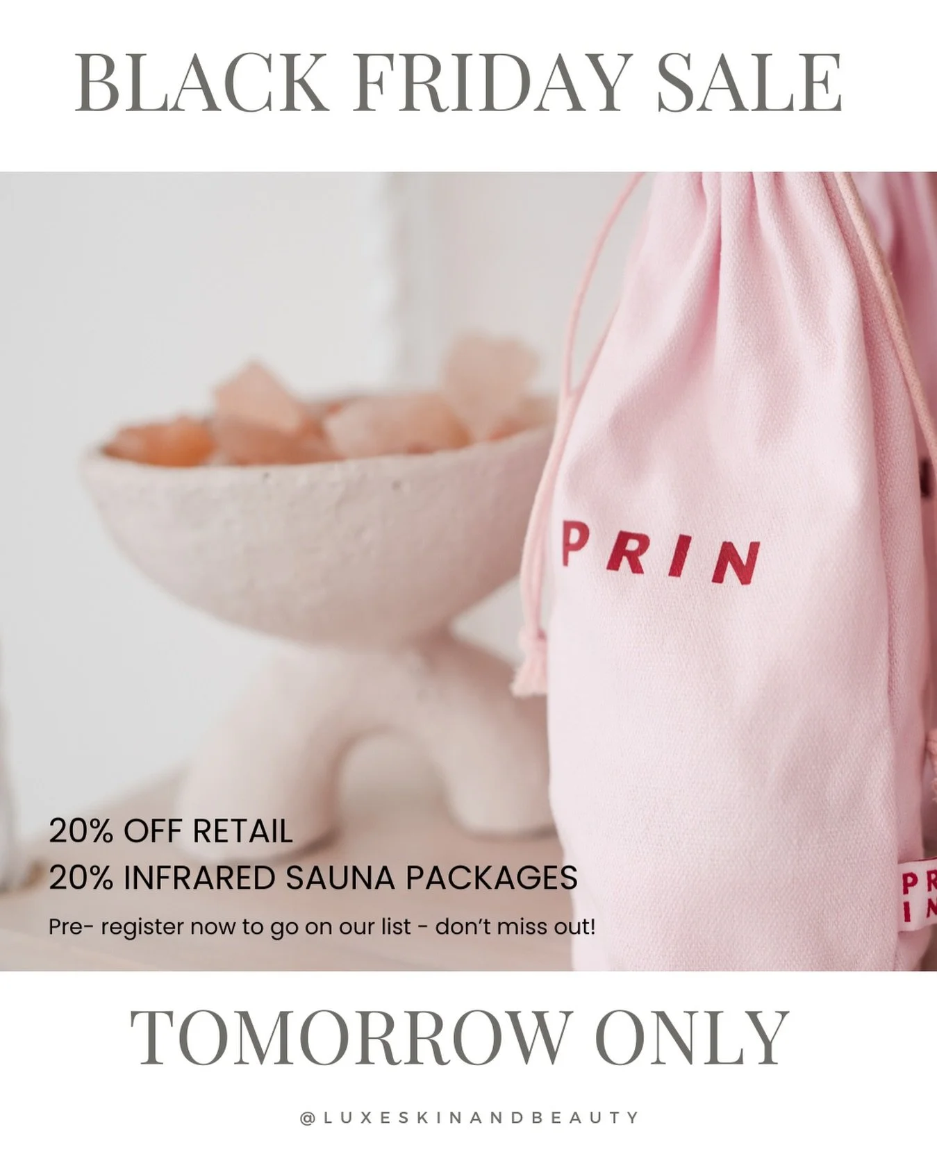 🖤 Our Black Friday sale is tomorrow ONLY and you don&rsquo;t want to miss out 🖤

Enjoy 20% Off your favourite skin care including Dermaviduals, Simka, PRIN lymphatic therapy and Three Warriors tanning AND 20% off all Infrared Sauna Packages. 

Pre-