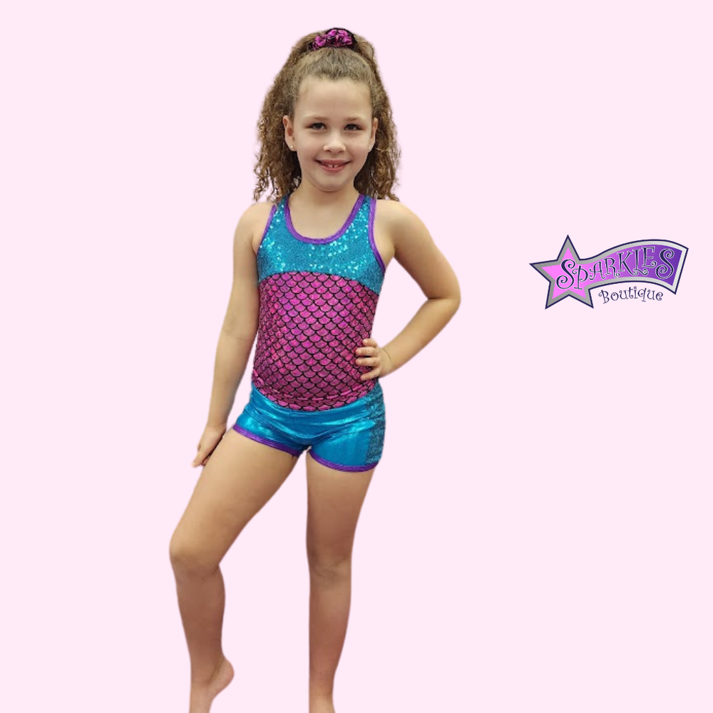 Short De Sport 2-en-1 Femme Motif écailles Sirène Bleu Sarcelle - Taille Haute, Poches Zippées, Séchage Rapide