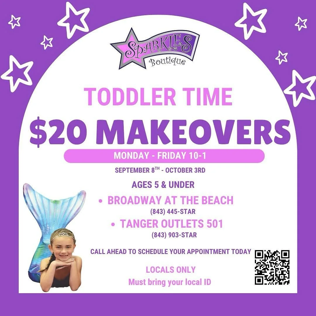 🎉 Toddler Time is HERE! 
Calling all local parents! Join us Monday through Friday from 10 AM to 1 PM for Toddler Time &ndash; a fun experience just for your little ones!

$20 Makeovers for kids ages 5 and under &ndash; perfect for a mini glam sessio