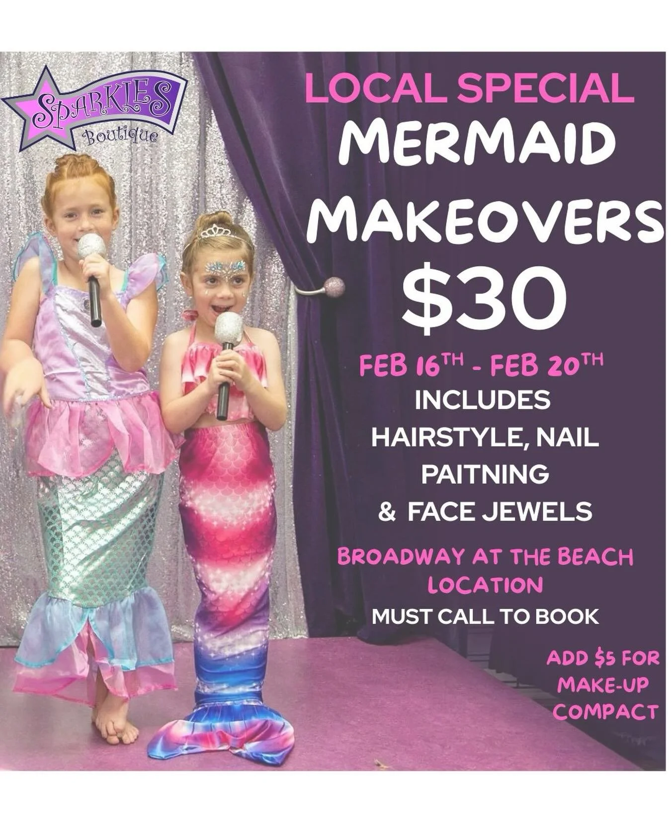 Calling all locals!
Come visit us this week for a Mermaid Makeover! 
Makeover will include a hairstyle, nail painting, &amp; face jewels for $30 (Add make-up compact for $5)
Must call ahead to book. 
February 16th- February 20th