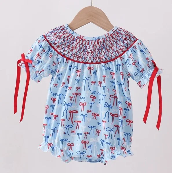 Blue Bow Smocked Bubble