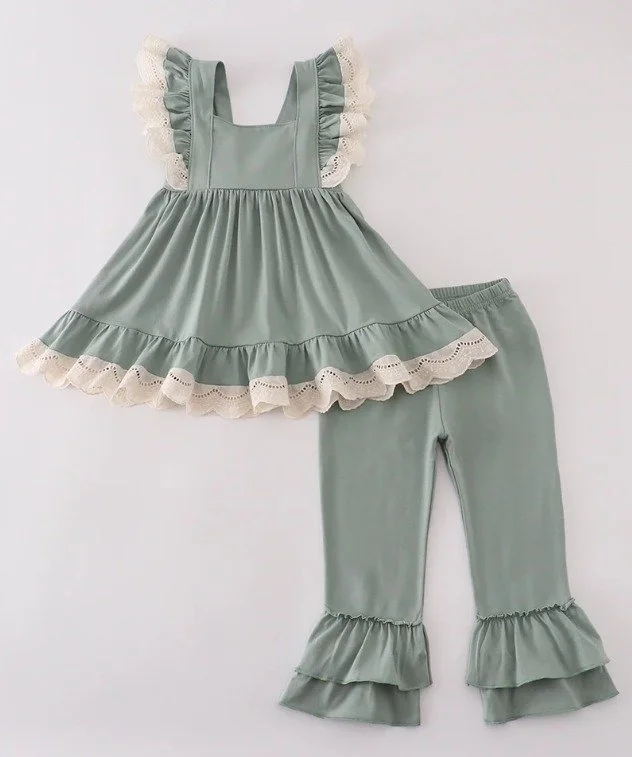 Sage Lace Ruffle Pant Set