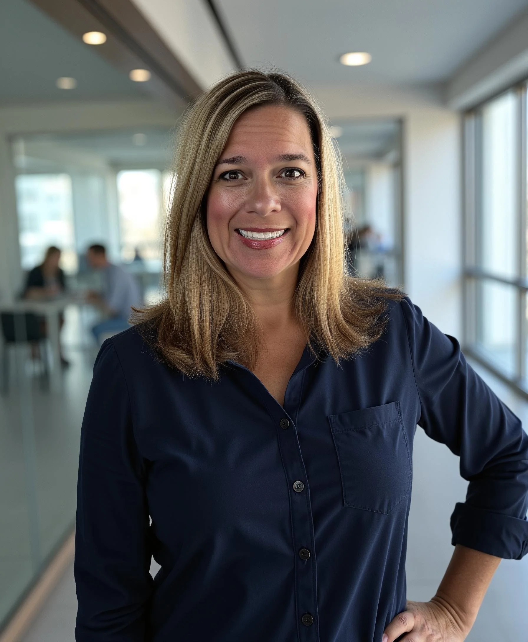A woman with shoulder-length blonde hair smiling at the camera, wearing a navy blue button-up shirt, standing in a modern office or conference room with large windows and people working in the background.