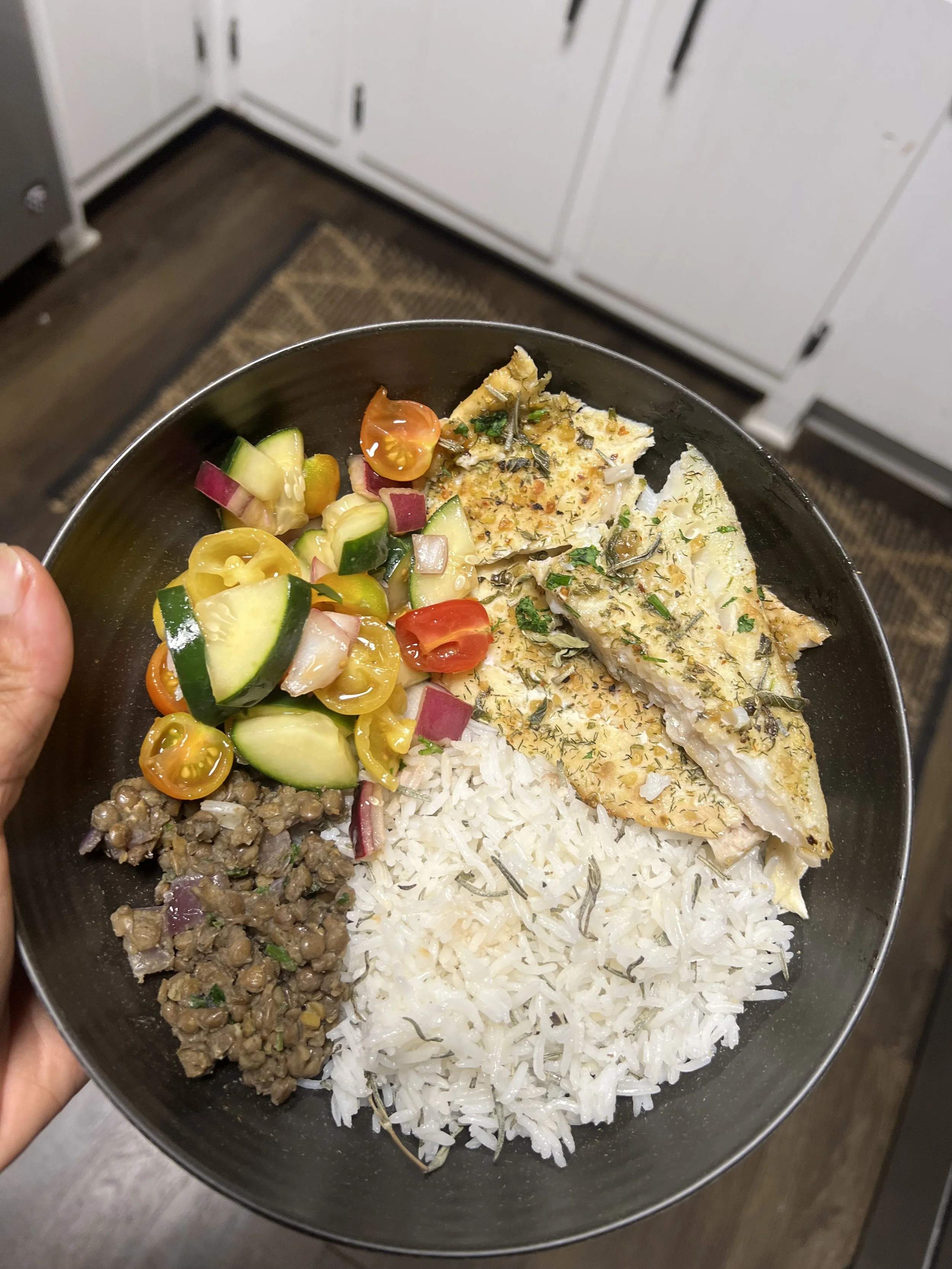Baked cod, rosemary rice, cucumber salad, lentils