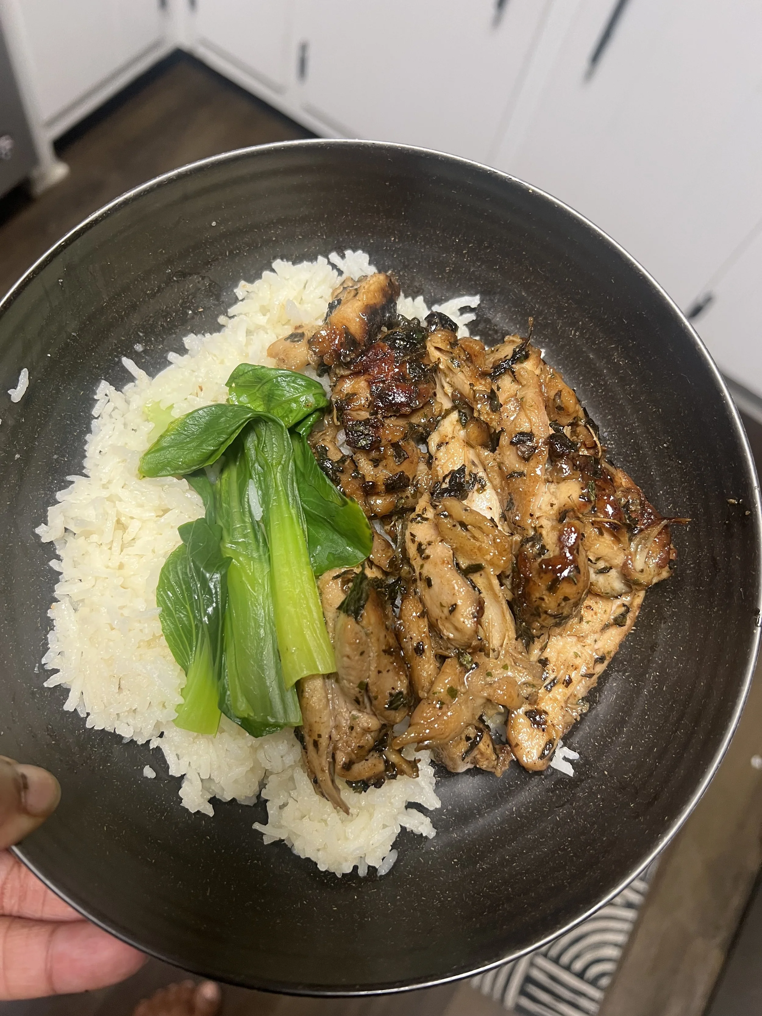Basil sweet chicken thighs, basmati rice, baby bok choy