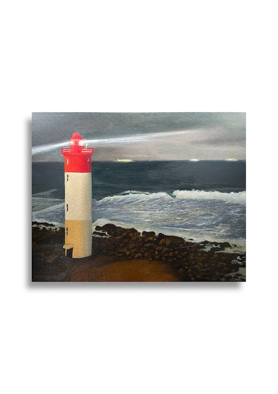 "Umhlanga Lighthouse", Oil Paint on Canvas, 18"24", 2023.