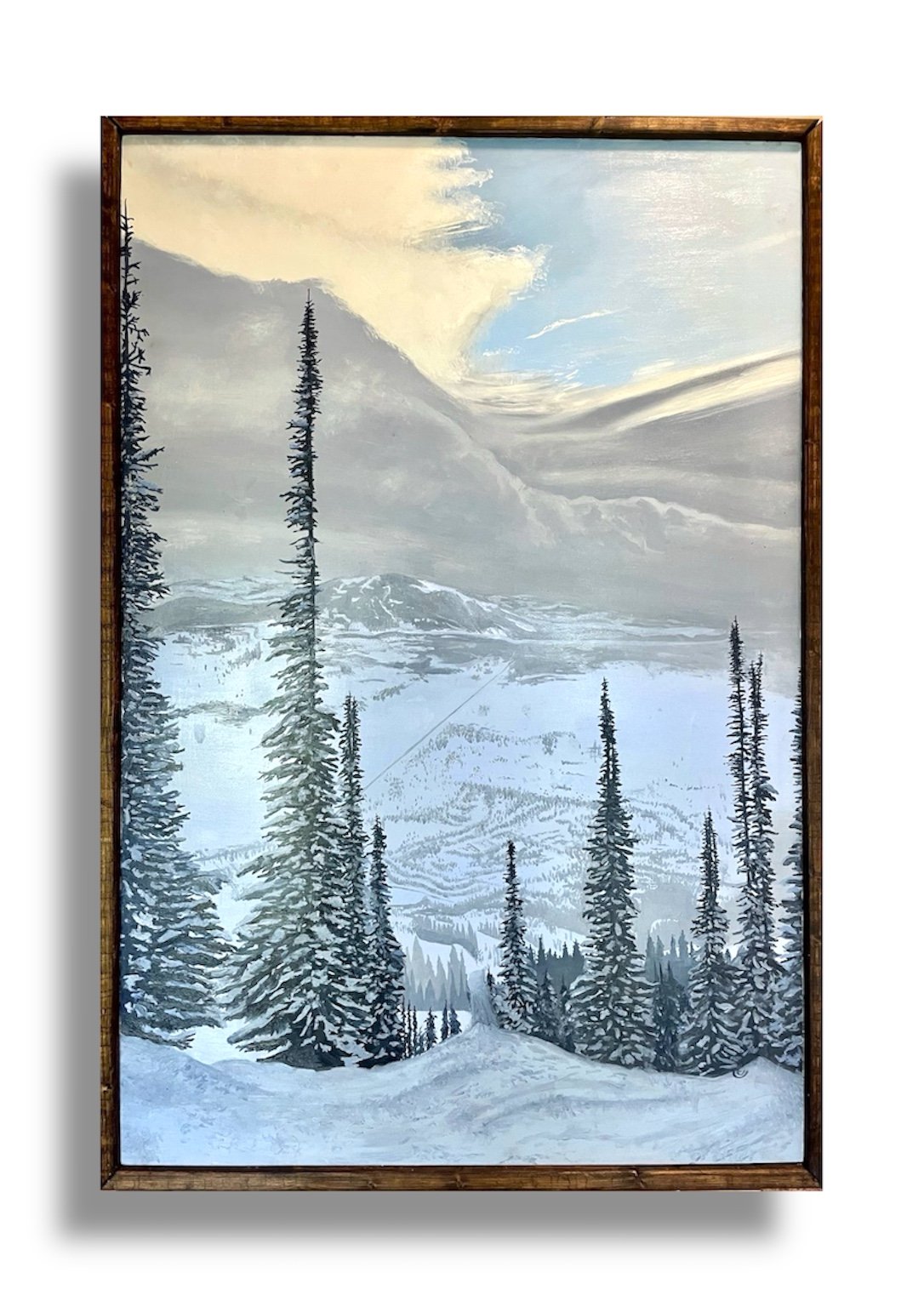 "Teton Village", Oil Paint on Wood Canvas, Hand-made Wooden frame, 24"x36", 2022.