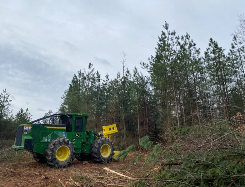 A green John Deere forestry machine with a yellow attachment working in a wooded area with trees and fallen branches.