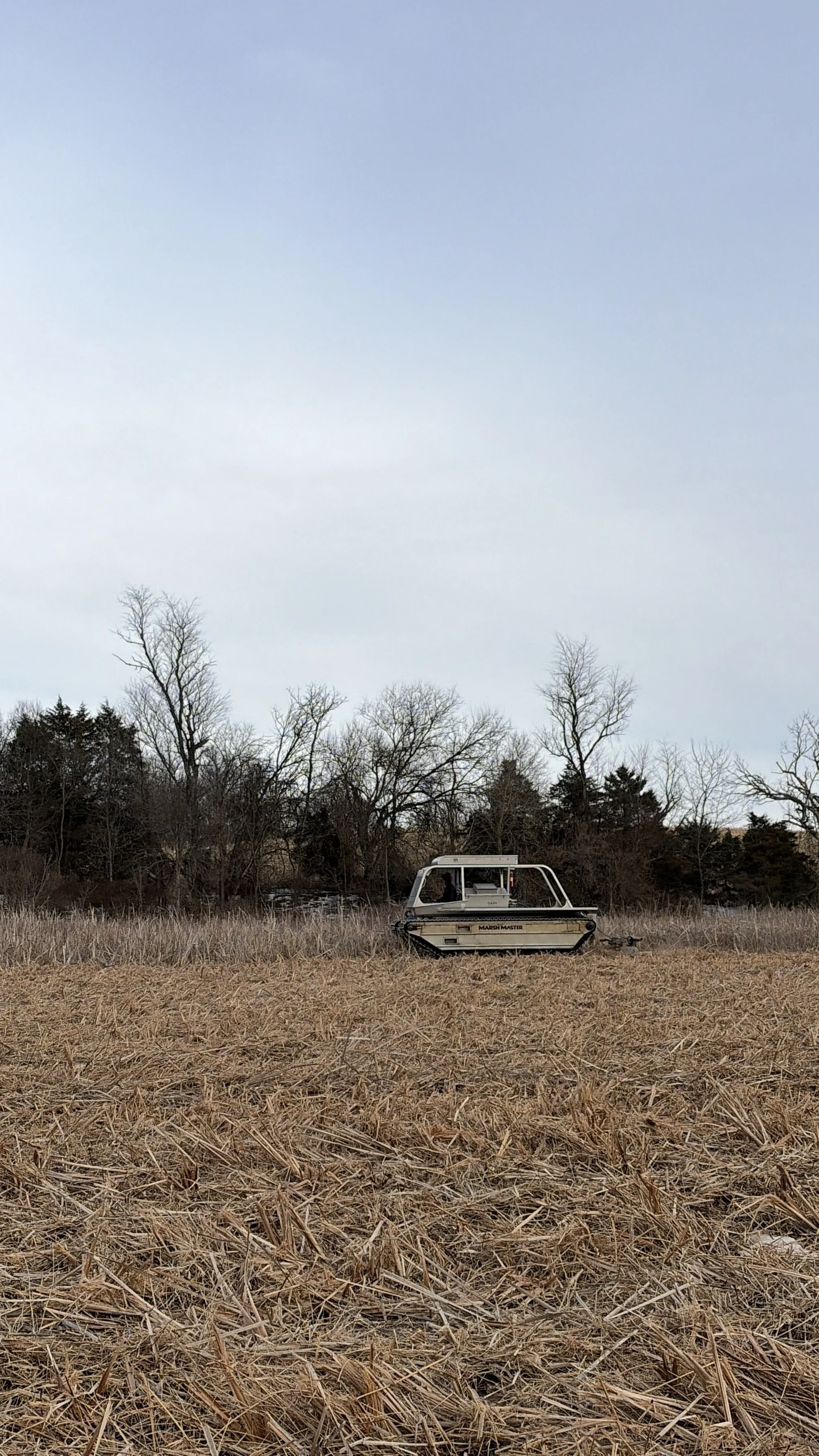 A small, tracked, white vehicle with the words 'Marsh Master' on its side, parked in a field of tall, dry grass with leafless trees and a cloudy sky in the background.