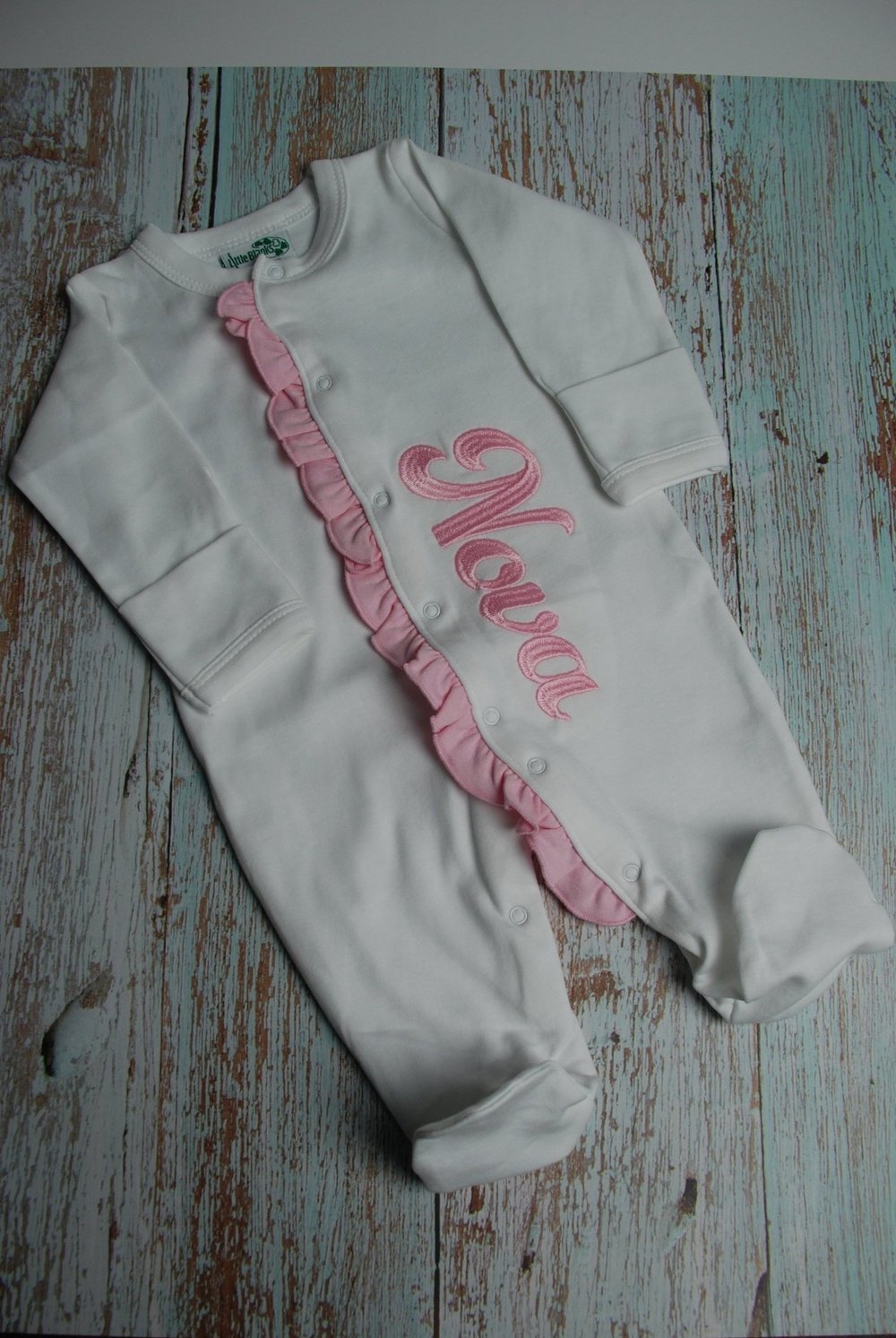 Personalized embroidered baby girl ruffle onesie — Screened Apparel