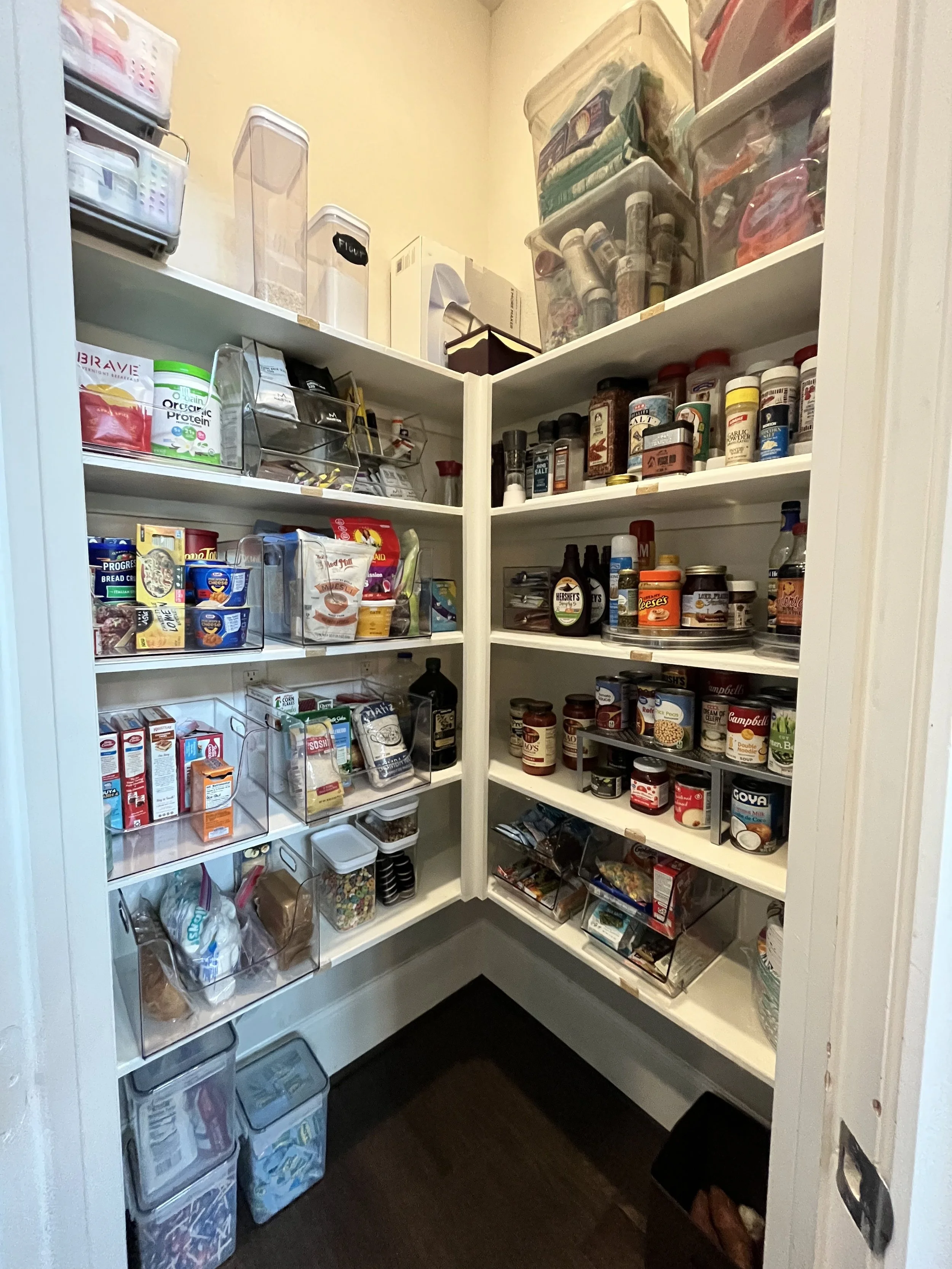 Shelf organizers allow like items to be stored together, while shelf risers allow the vertical shelf space to be utilized, maximizing your pantry storage space.