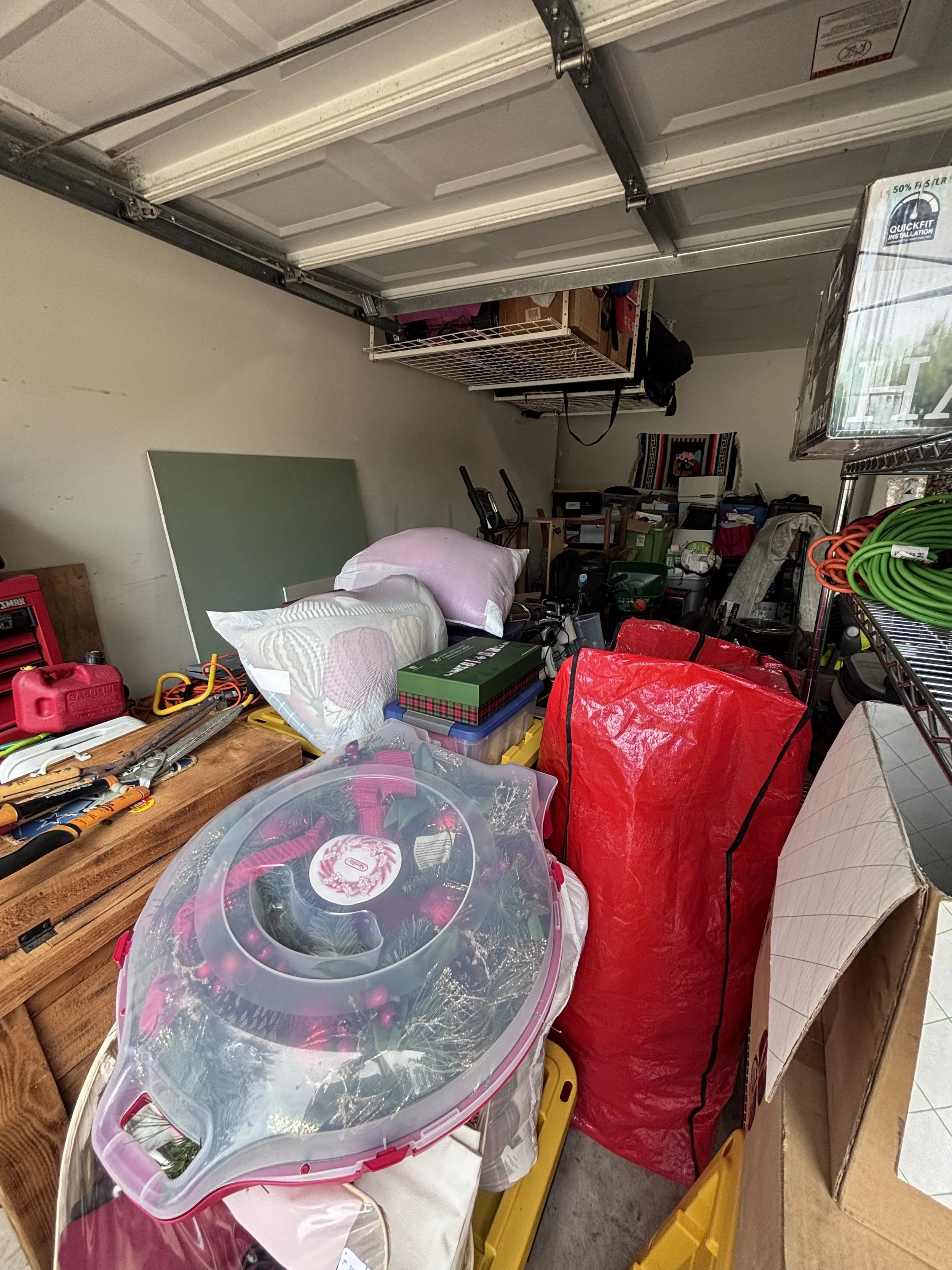 Declutter the garage by creating zones that allow you to find items more quickly and a place to park your vehicles. Creating zones allows items to be accessed and put away more quickly. 