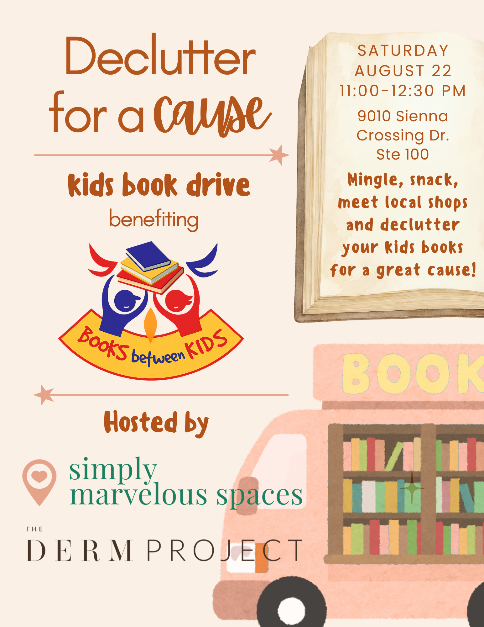 simply marvelous spaces, professional organizing, is hosting a book drive for books between kids, a houston based non-profit organization aiding underprivileged schools and kids, with access to books.