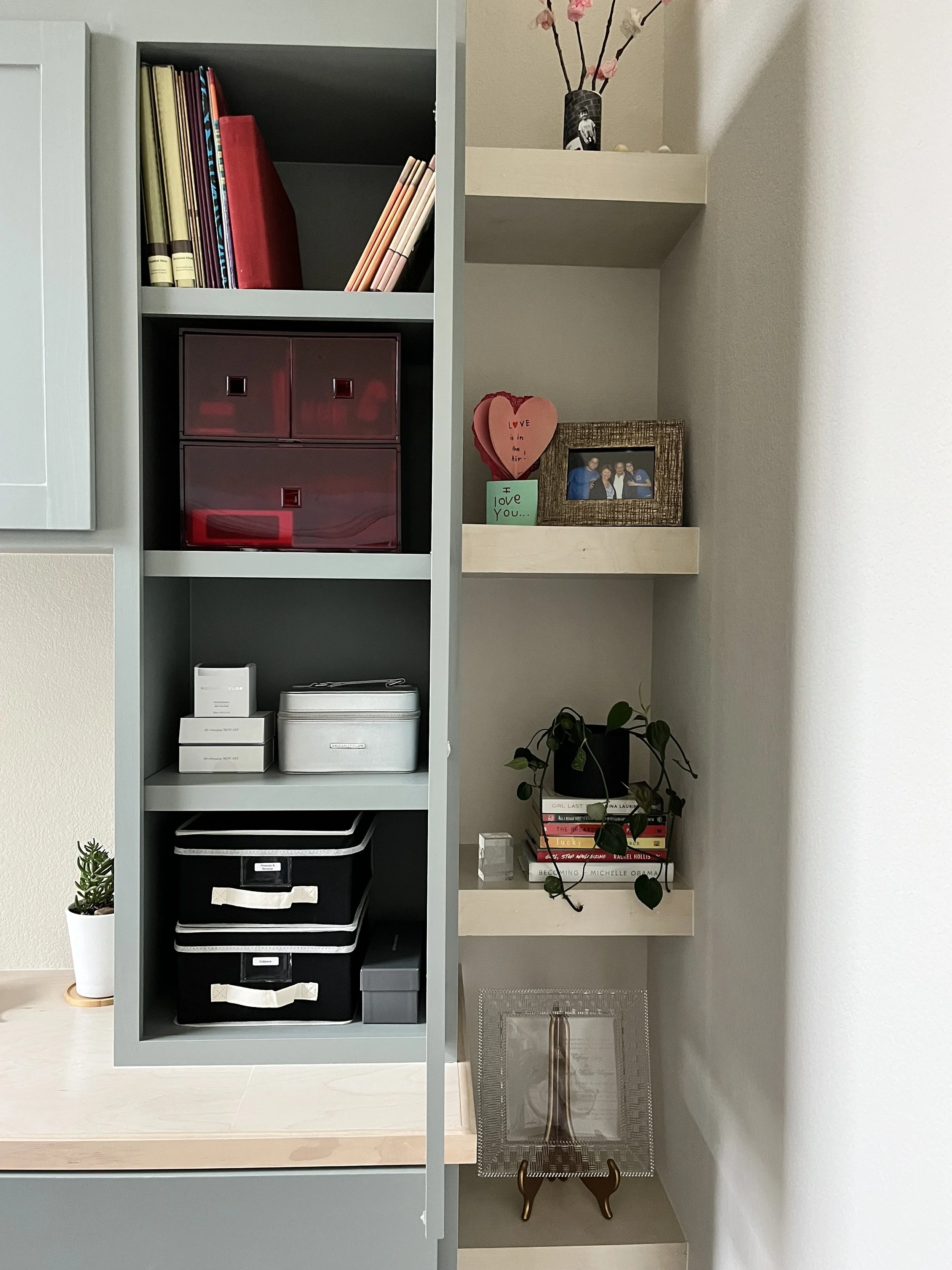 custom designed office space with beautiful open shelving